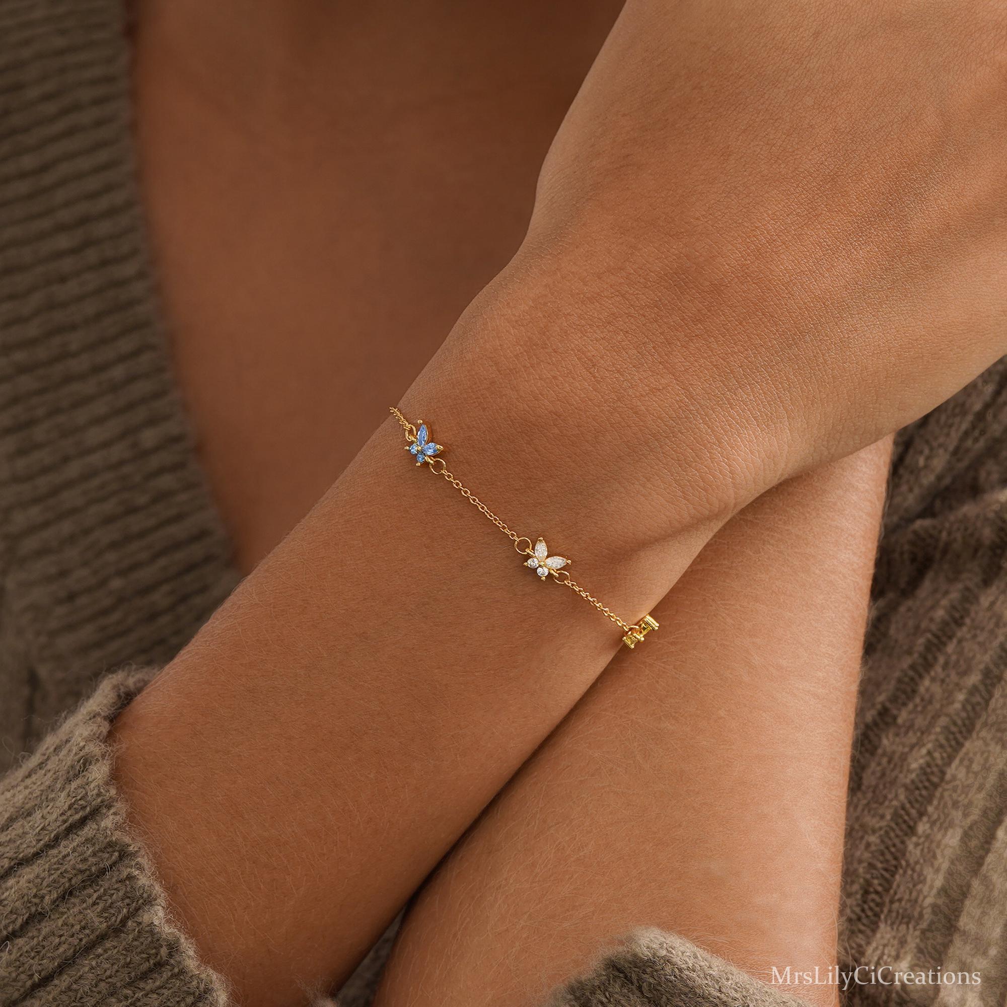 Custom Butterfly Birthstone Bracelet in Silver or 18K Gold Plate