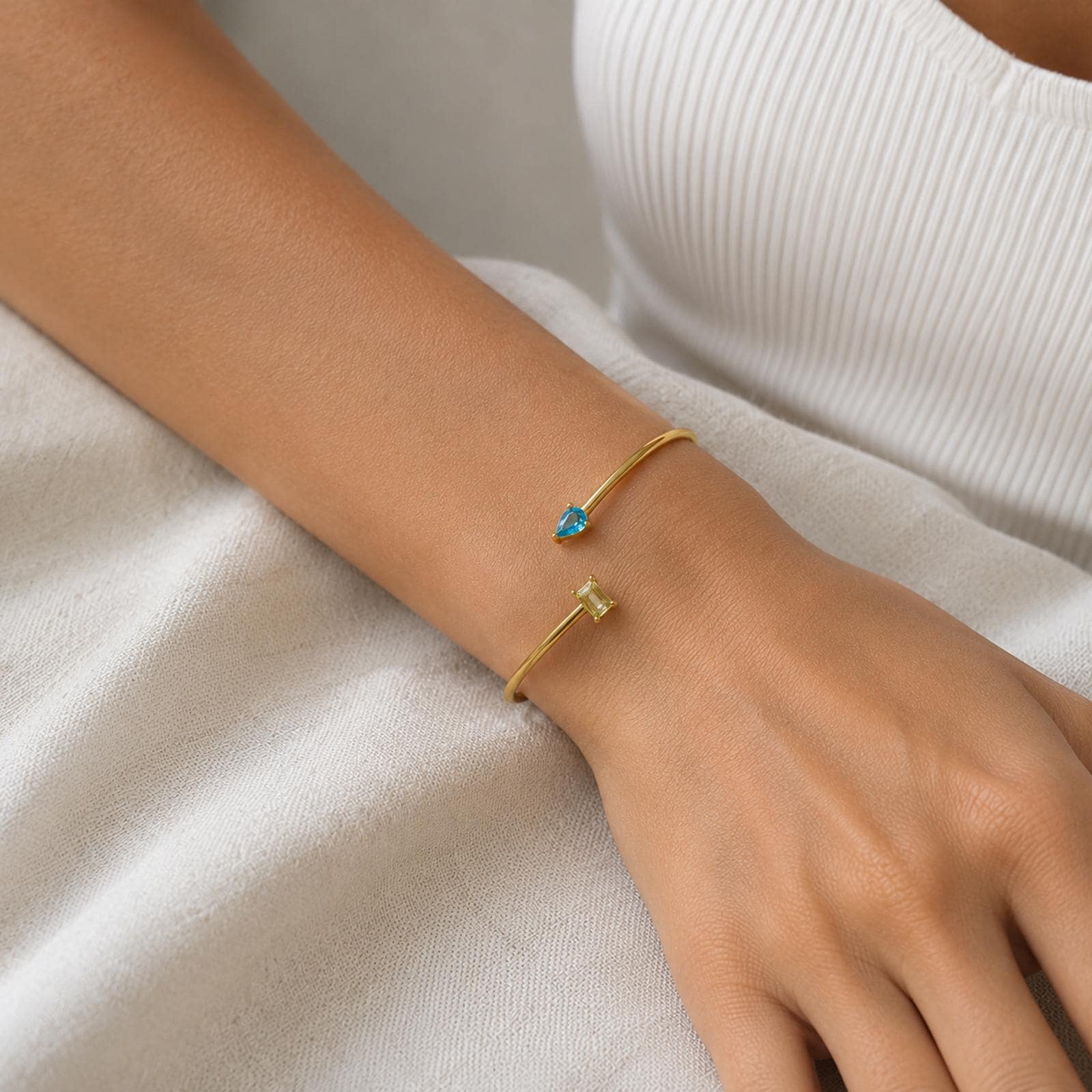 Personalized Double Birthstone Cuff Bangle with Inside Engraving