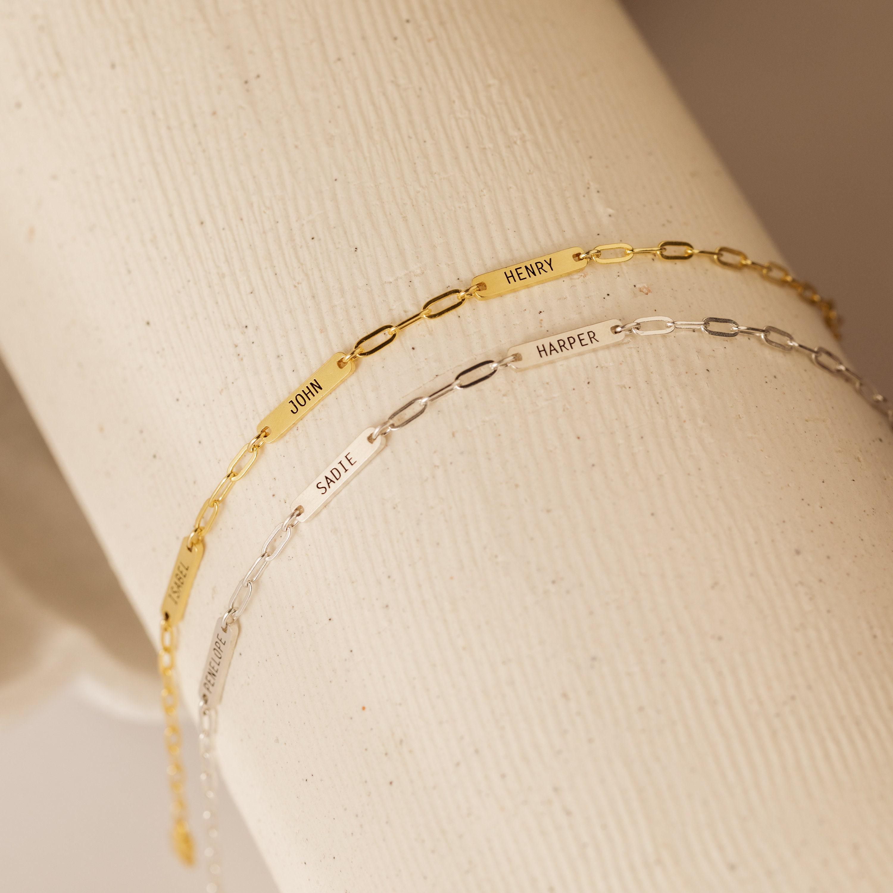 Custom Mini Name Bar Bracelet in Sterling Silver on a Paperclip Chain