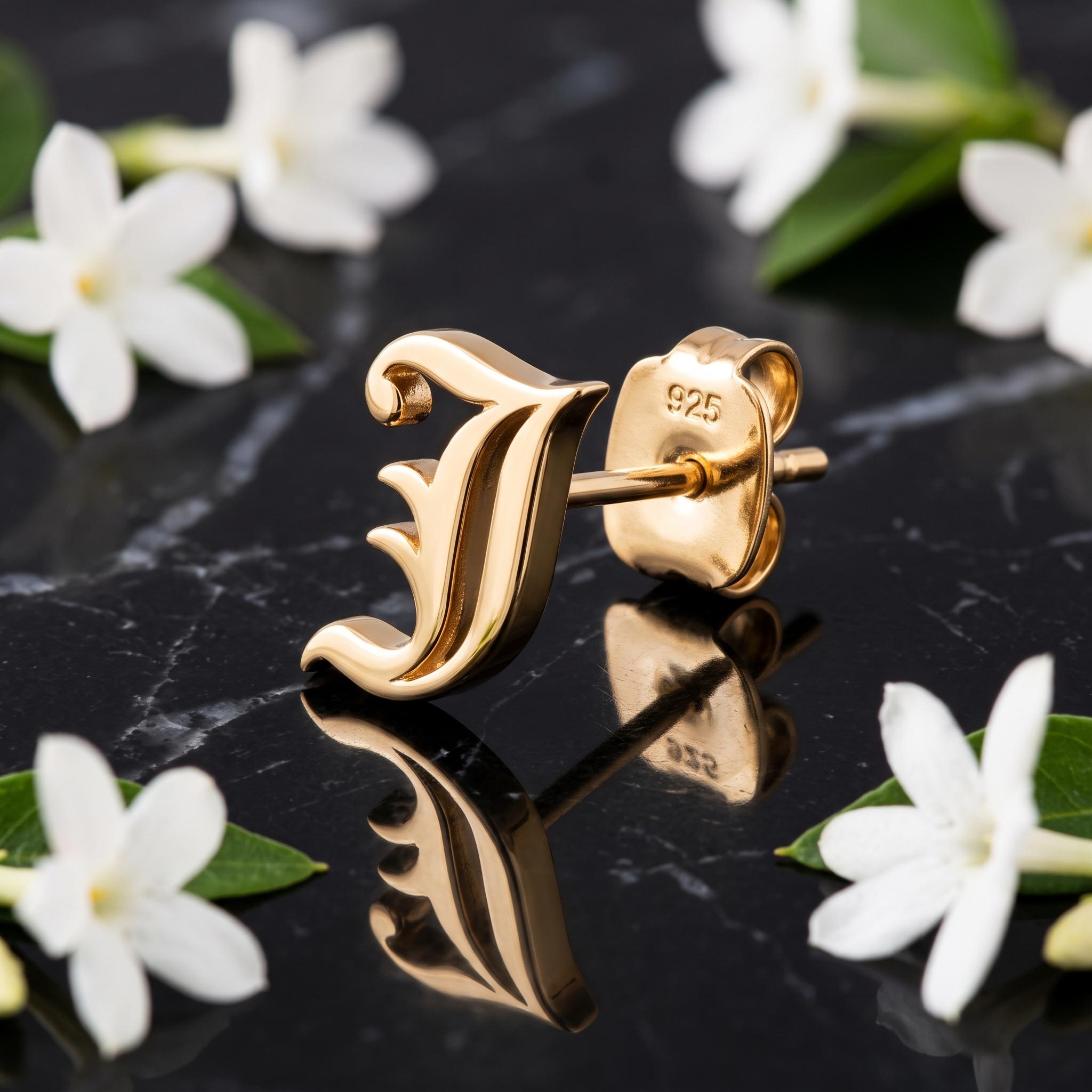Custom Initial Stud Earring in Solid Gold with Old English Lettering