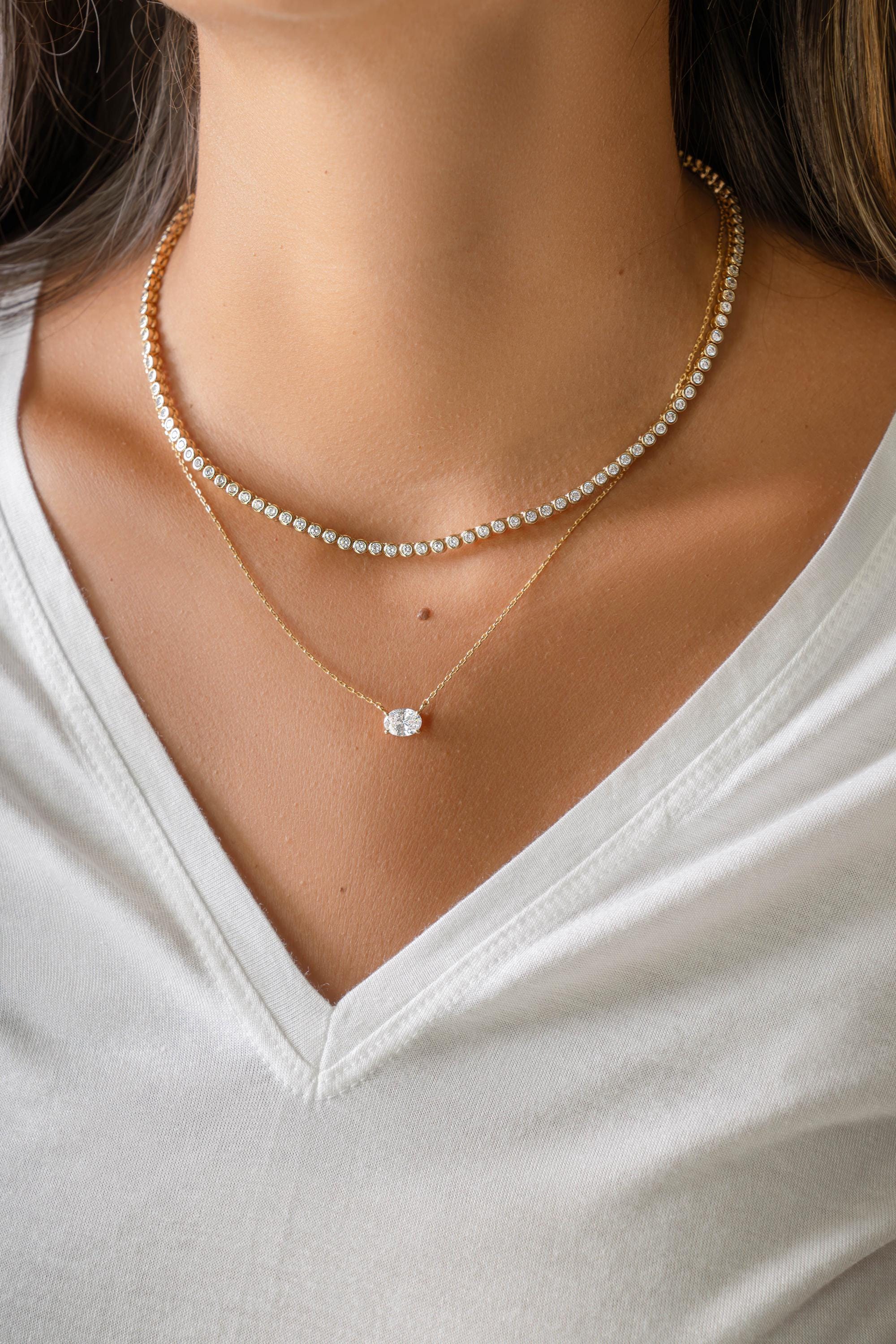 Round Bezel Cubic Zirconia Tennis Necklace with 2.5mm Stones