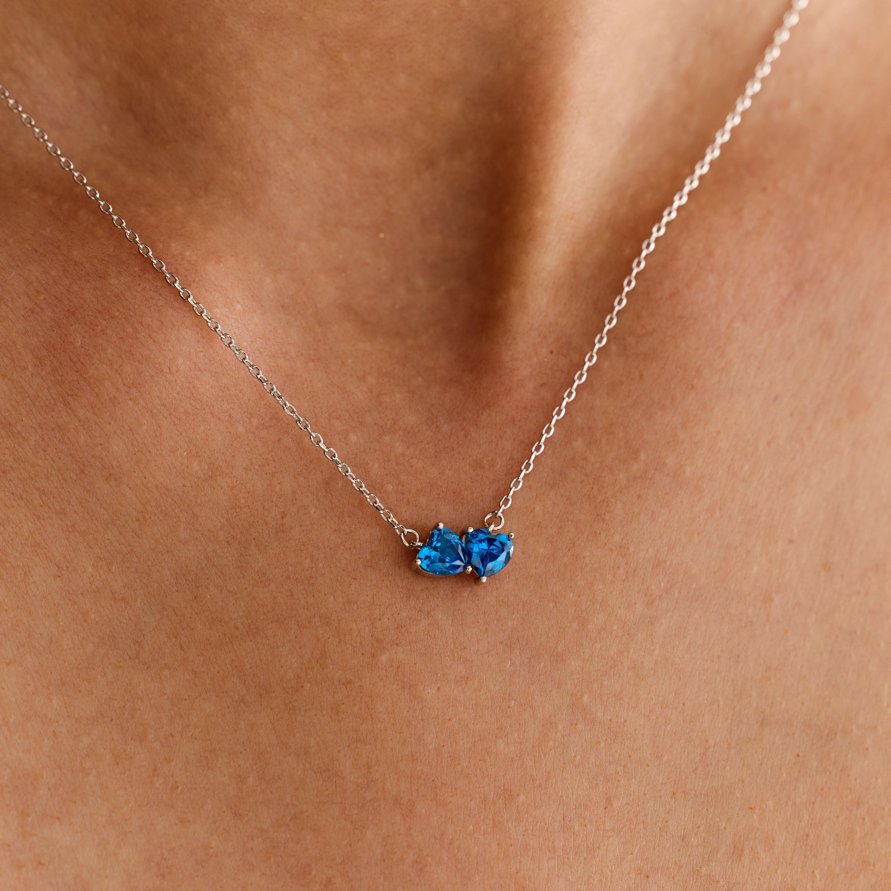 Dainty Two Heart Birthstone Couple Necklace in Gold Plated Brass