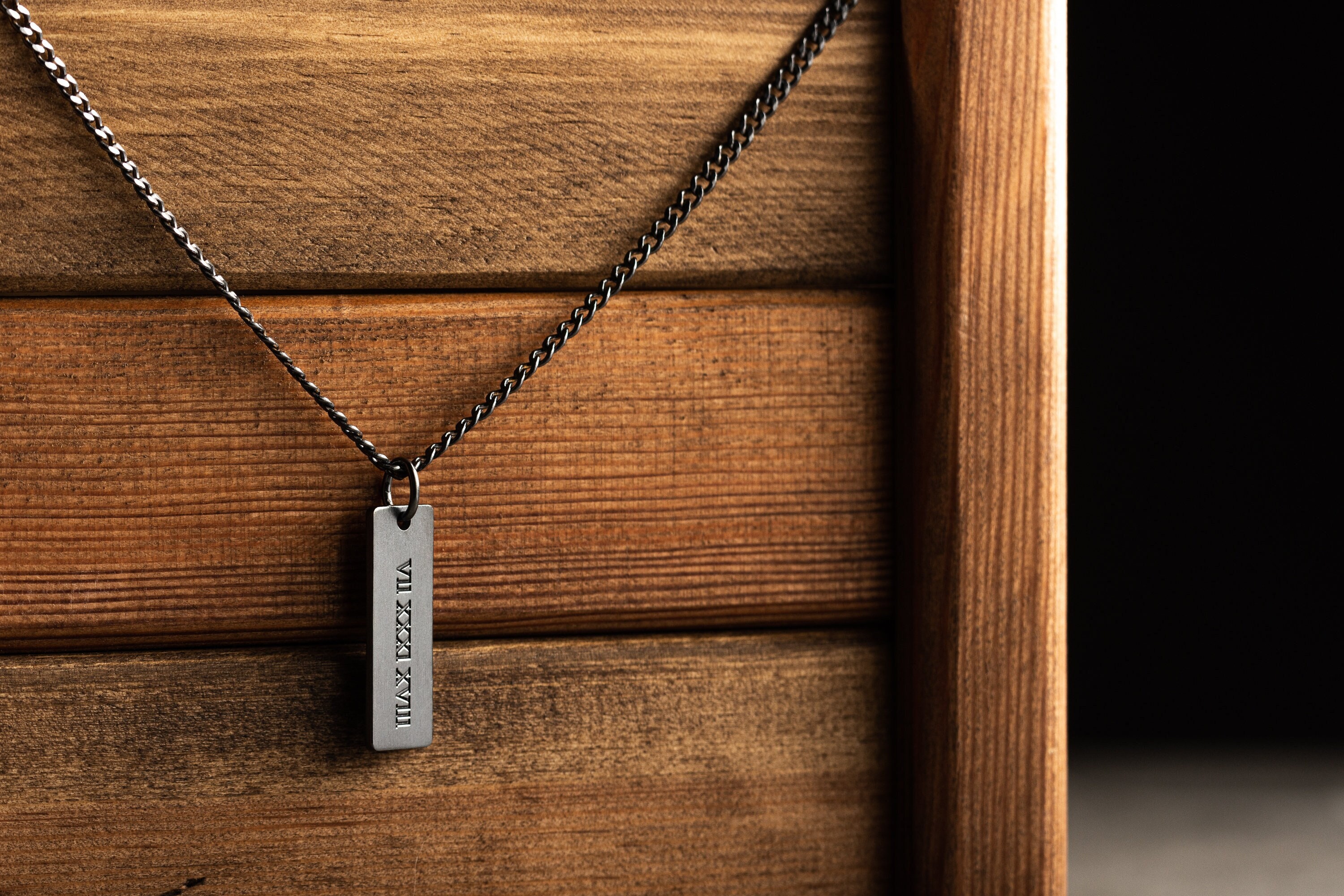 Engraved Sterling Silver Bar Necklace for Men with Curb Chain