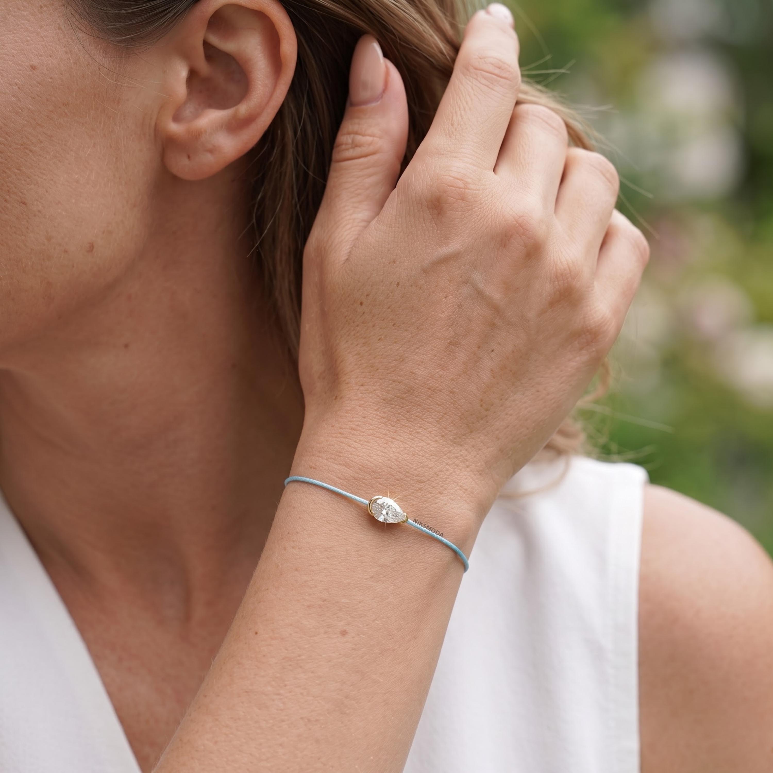 Pear Cut Lab Grown Diamond Bracelet in 925 Sterling Silver with Light Blue Cord