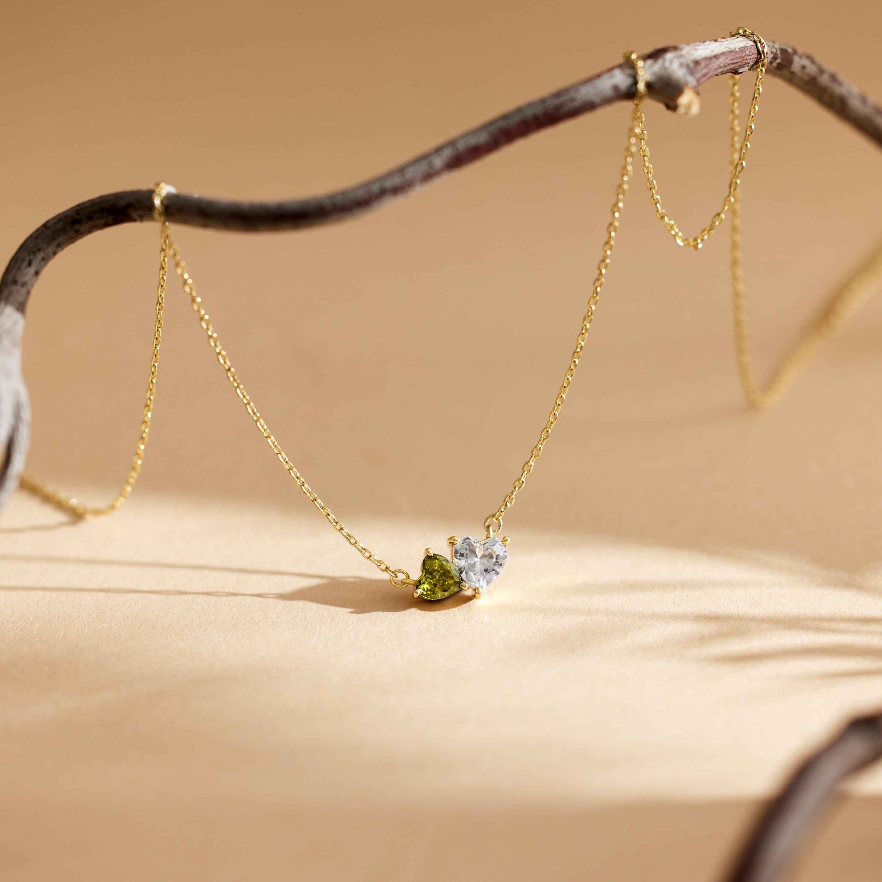 Two Heart Birthstone Necklace in 14K Gold Plating with Two Custom Months