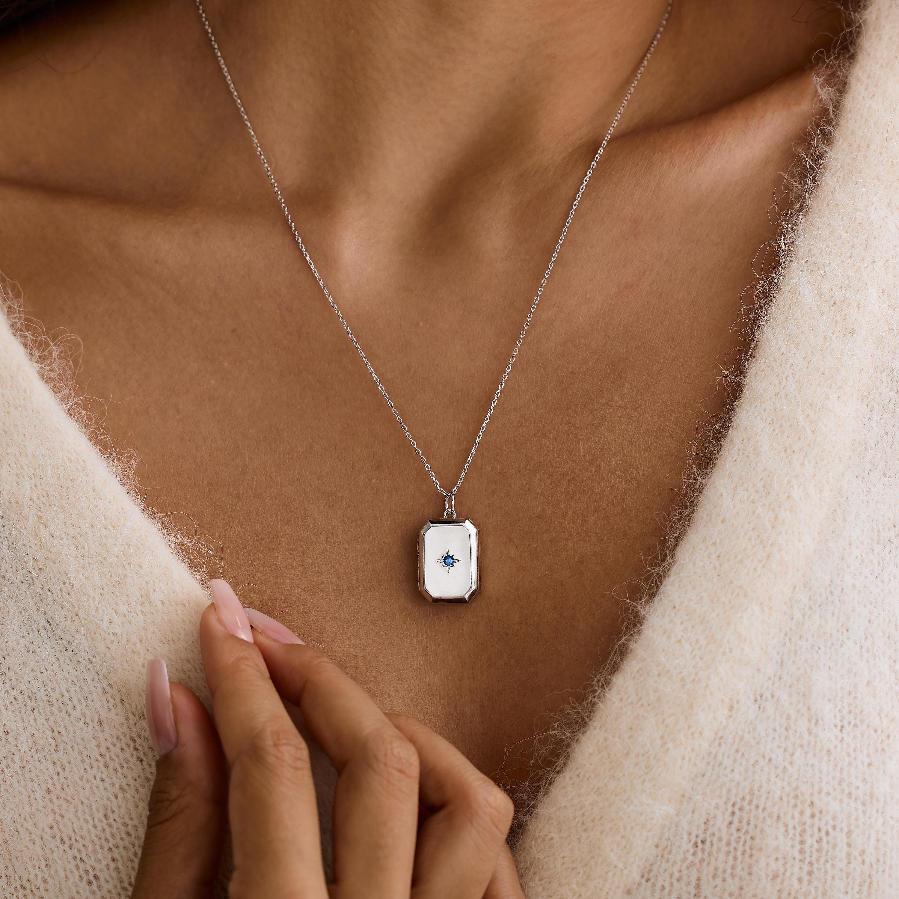 Custom Rectangular Locket Necklace with Birthstone and Photo