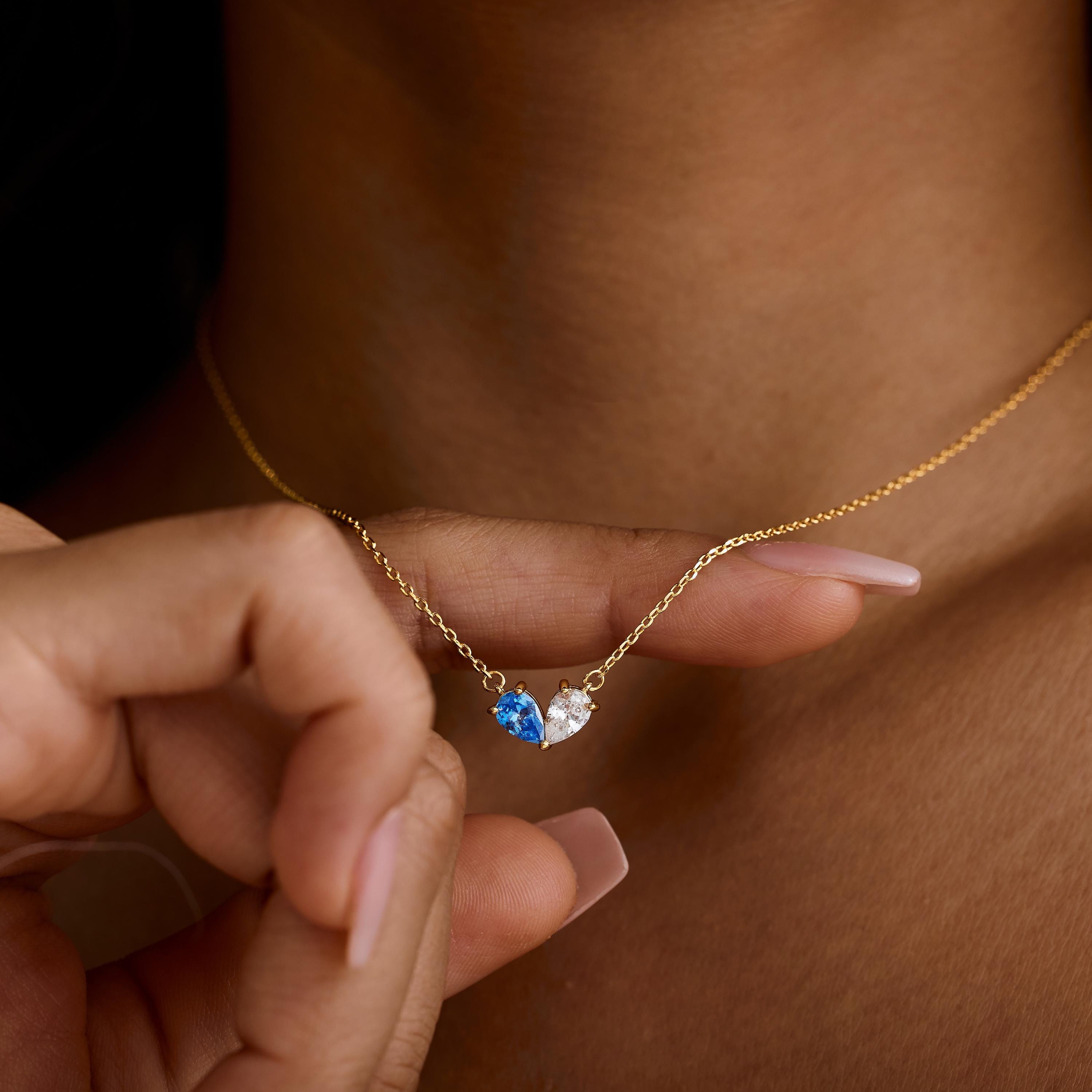 14K Gold Plated Couple Heart Birthstone Necklace with Two Teardrop Stones