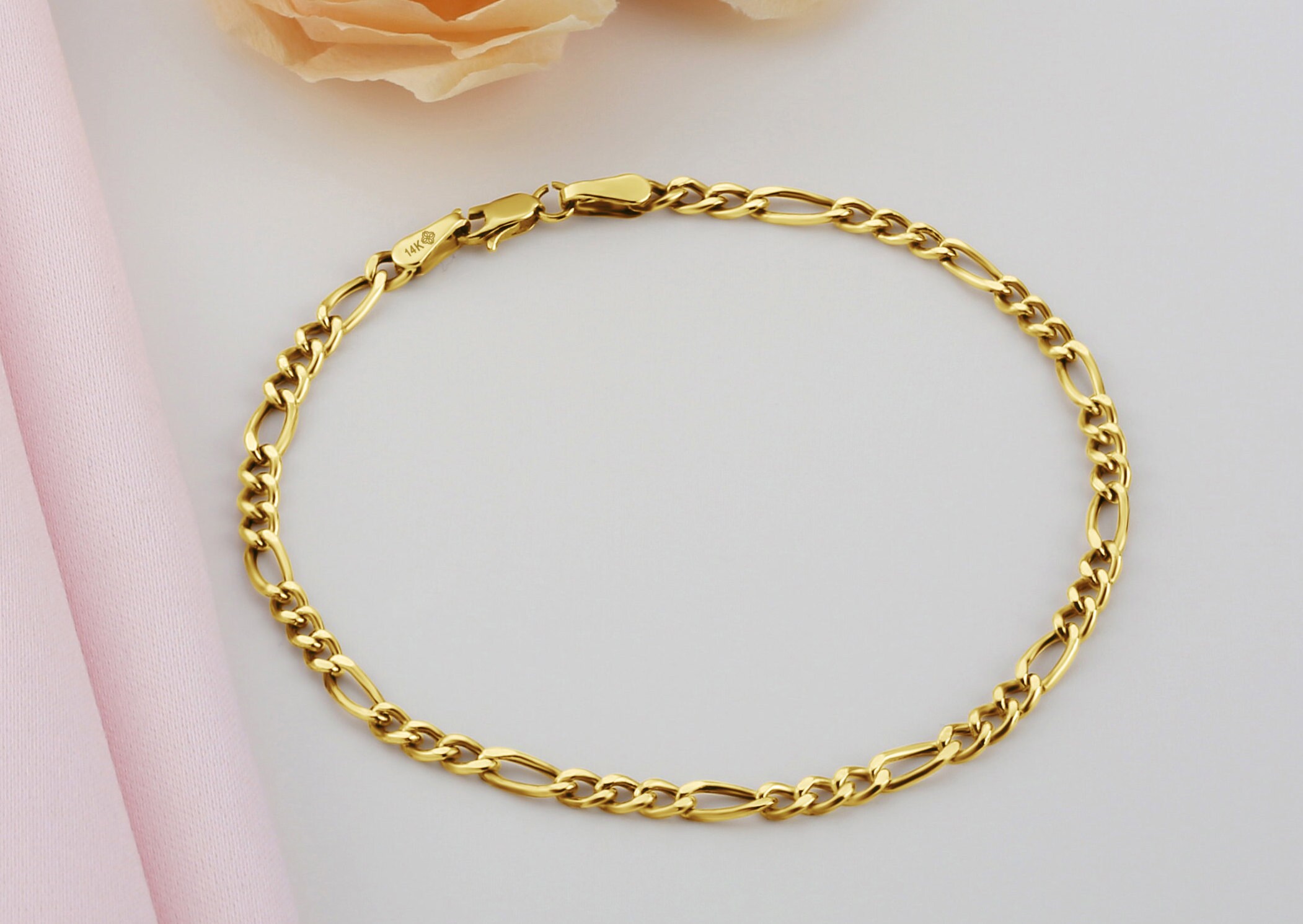 14K Solid Gold Figaro Chain Bracelet in Yellow or White Gold