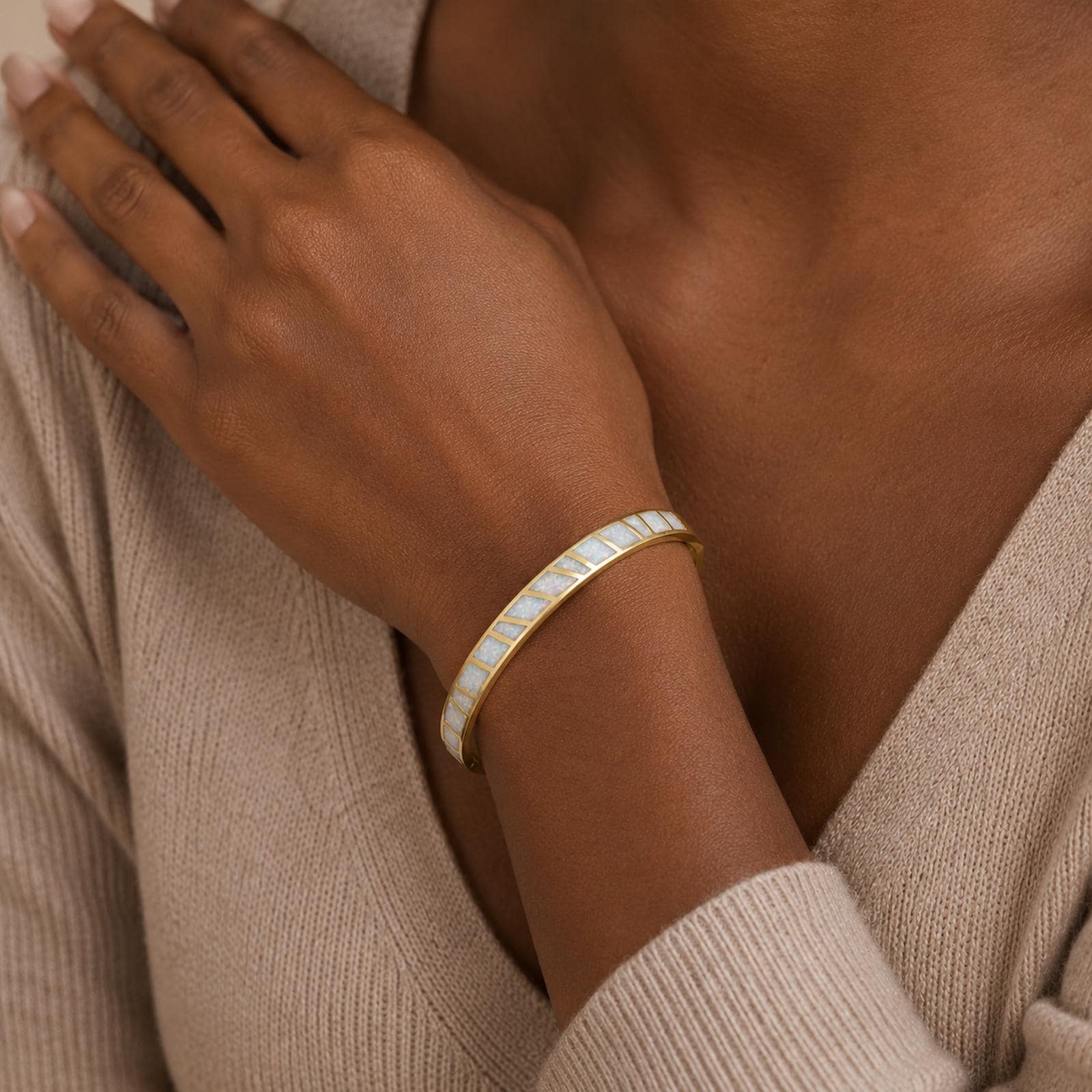 Opal Cuff Bracelet with Custom Engraving in Gold Plated Finish