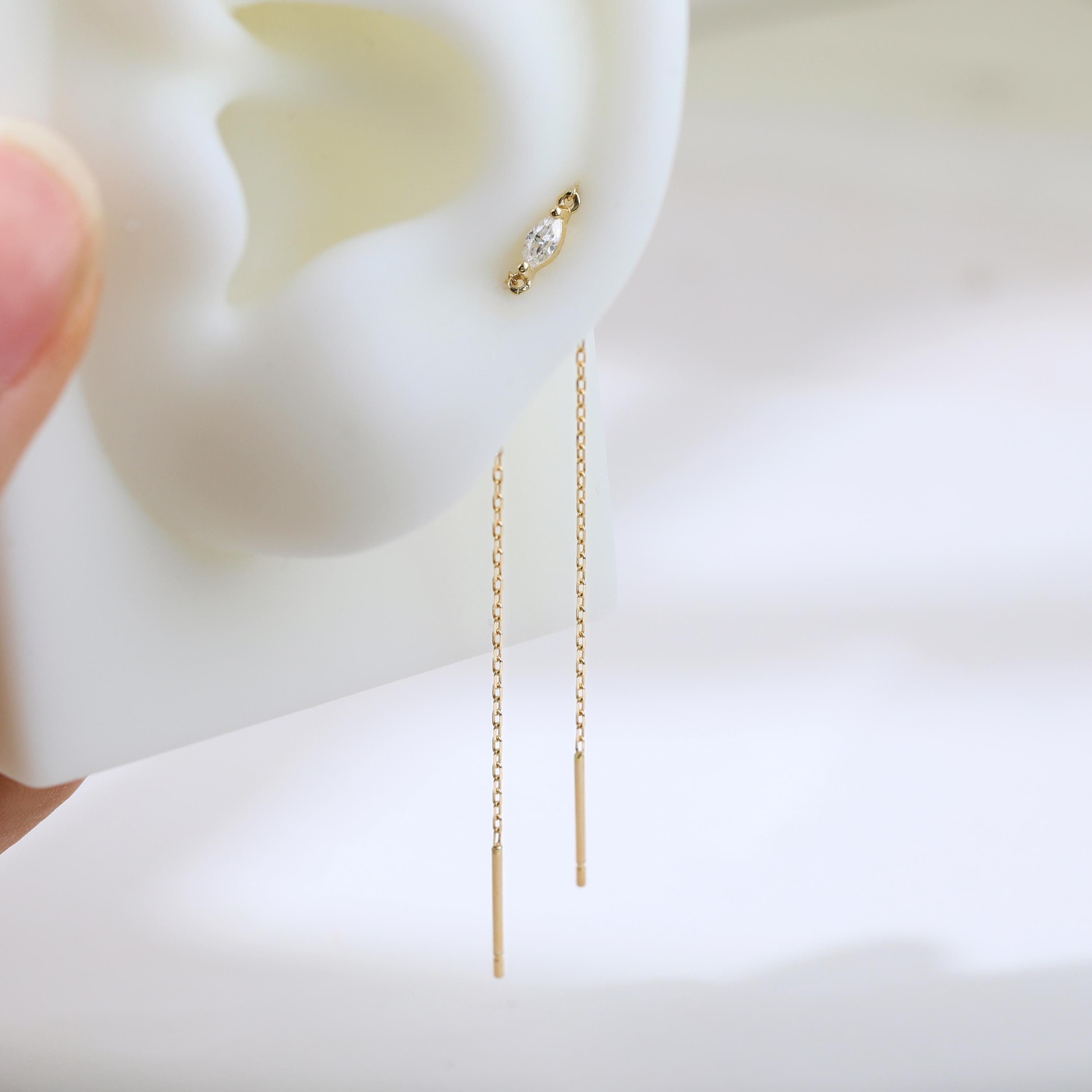 14K Solid Gold Moissanite Chain Threader Earring for Cartilage and Lobe