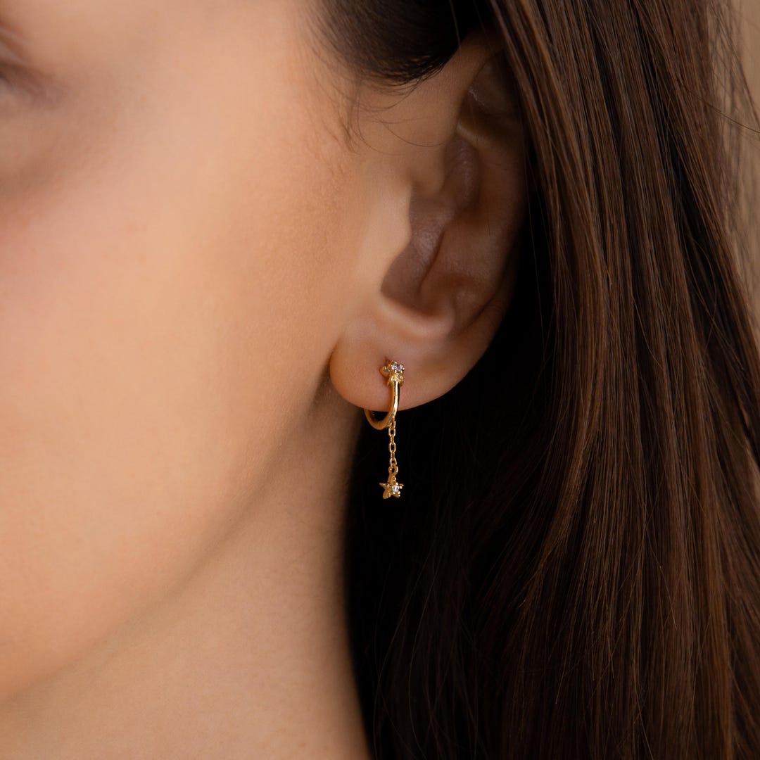 Star Drop Chain Huggie Earrings in 18K Gold Over Brass