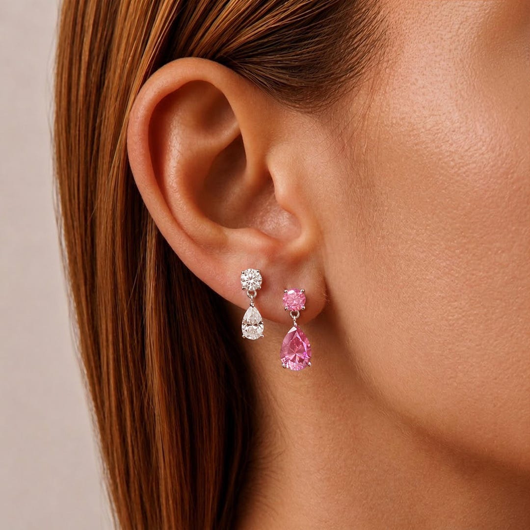 Certified Moissanite Double Drop Earrings with a Round Stud and Pear Drop