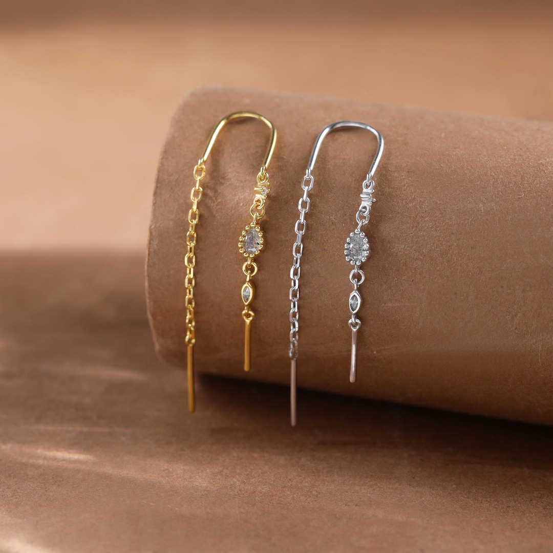 14K Gold Plated Threader Earring with Cubic Zirconia and Curved Bar