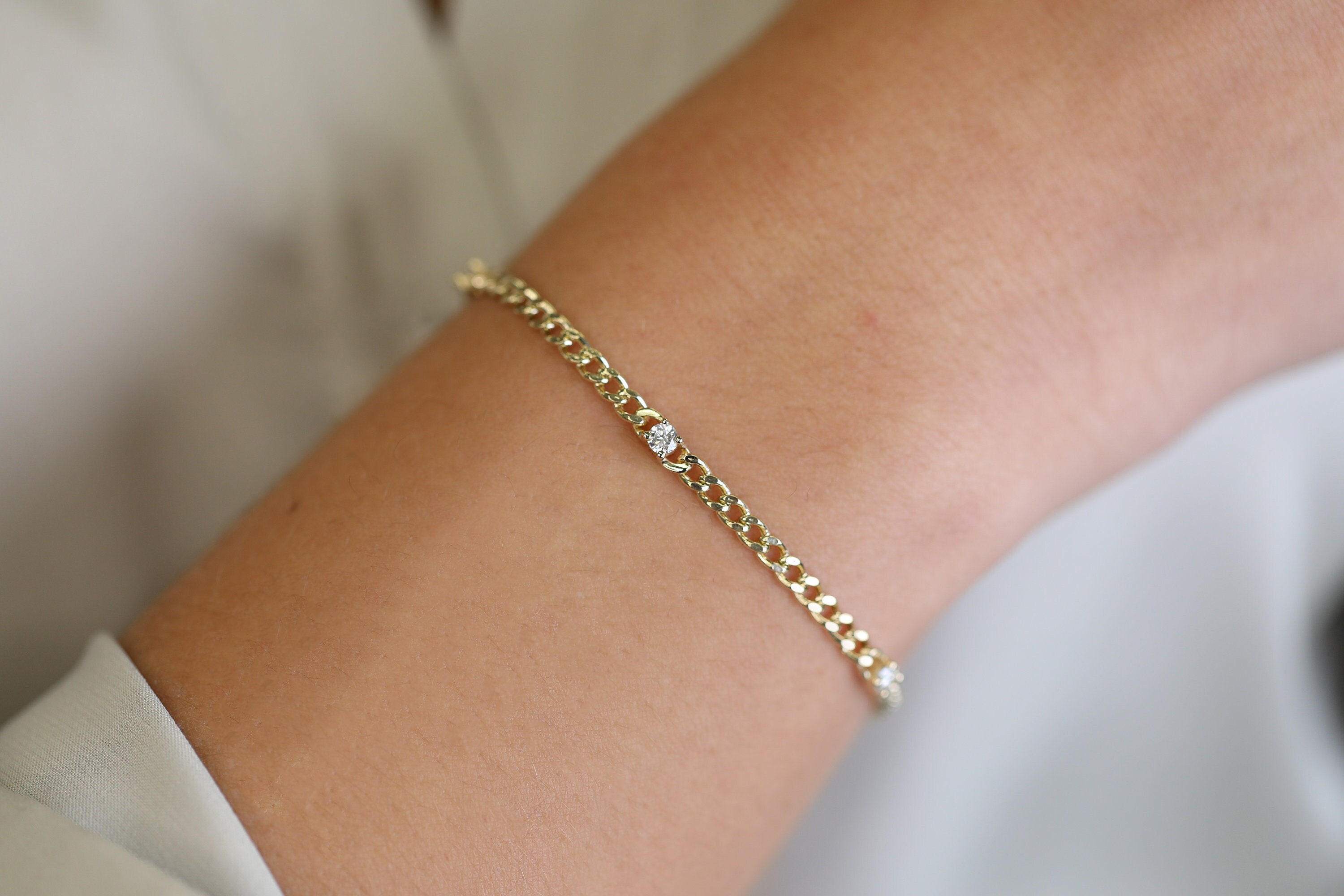 14K Gold Cuban Link Bracelet with Five Sectioned Natural Diamonds