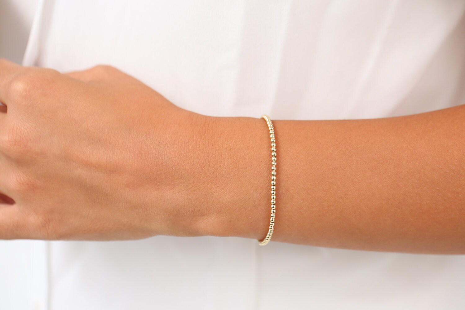 14K Solid Gold 2.5 mm Beaded Bracelet with Inner Cable Chain