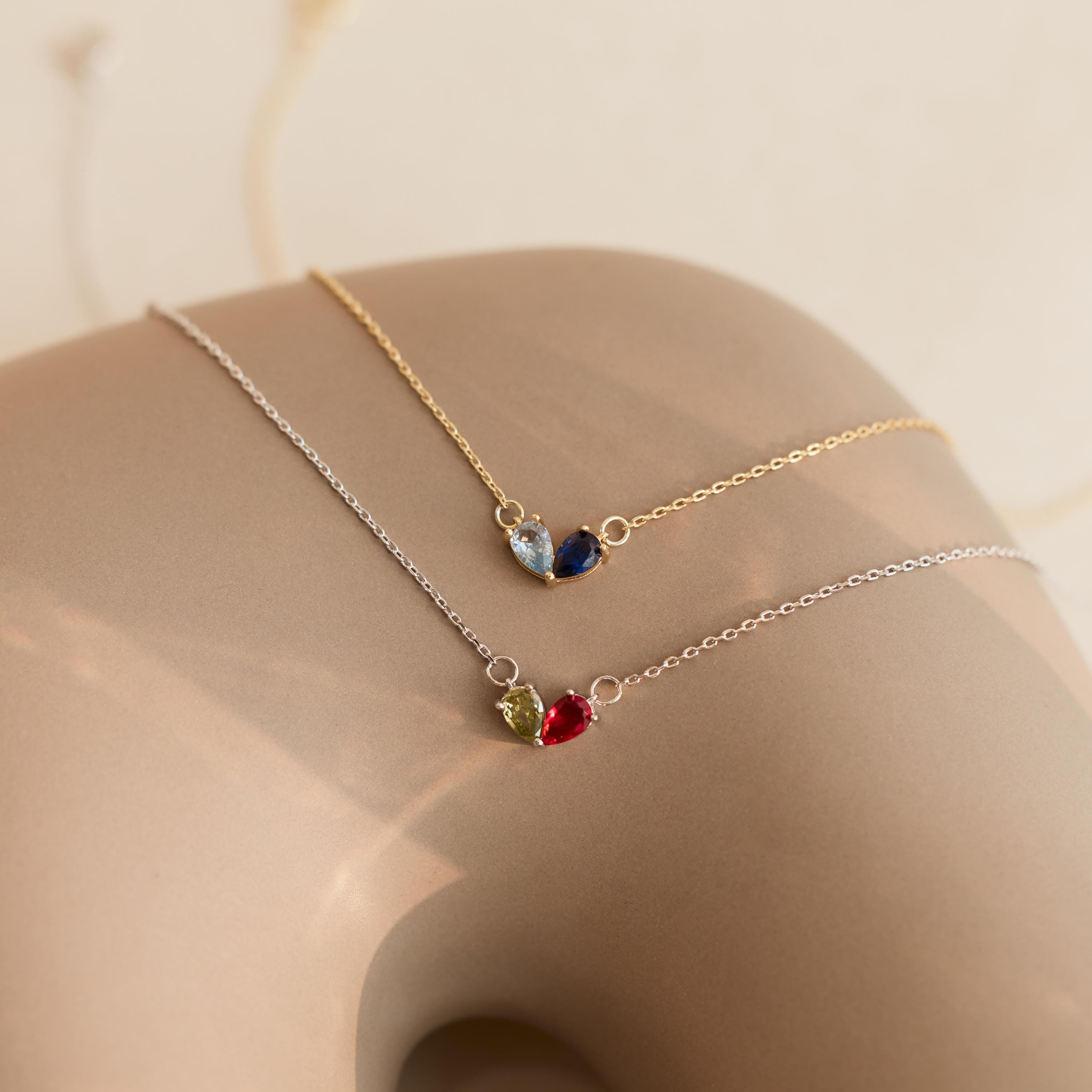14K Gold Plated Couple Heart Birthstone Necklace with Two Teardrop Stones