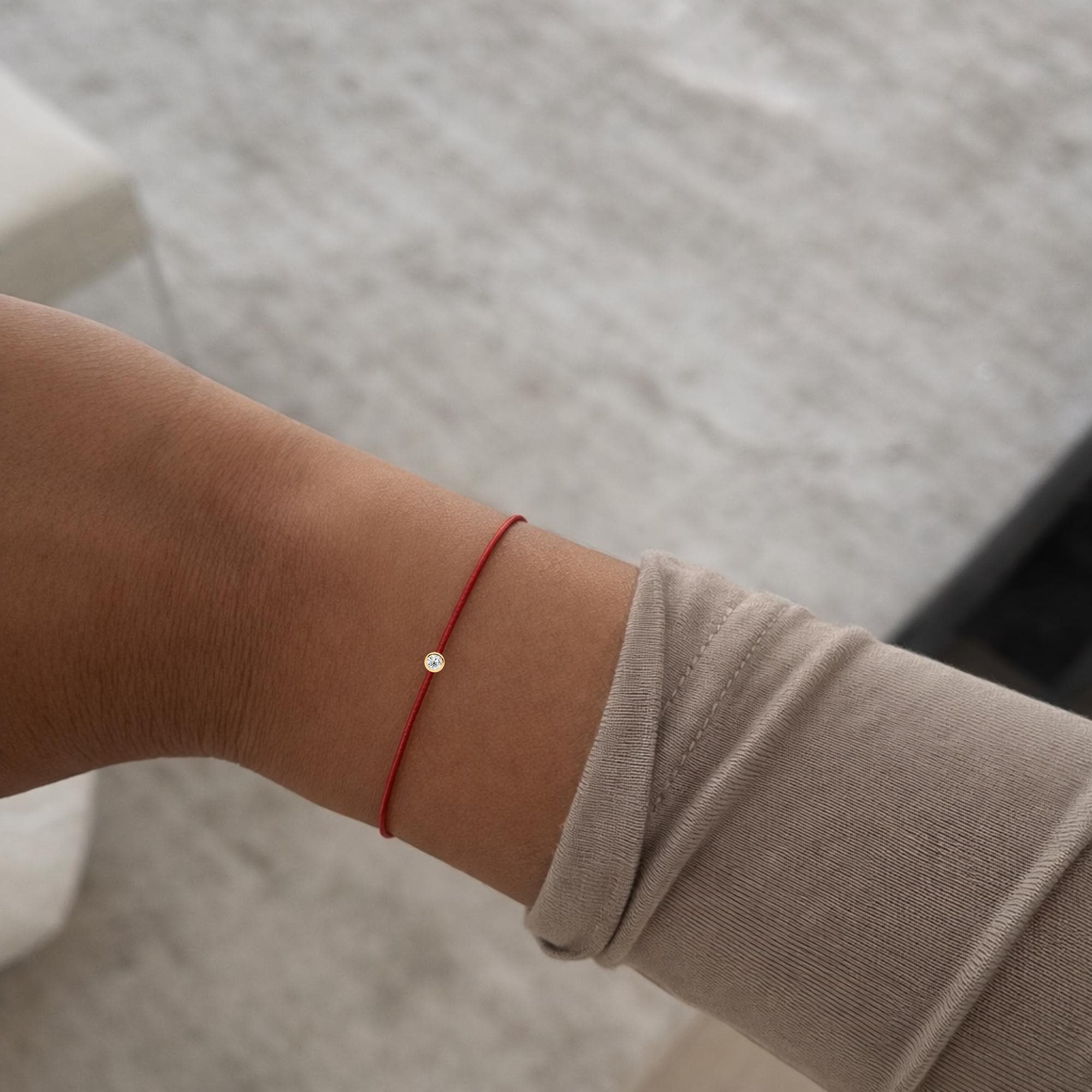 14K Solid Gold Friendship Bracelet with Natural White Diamond on Silk Cord