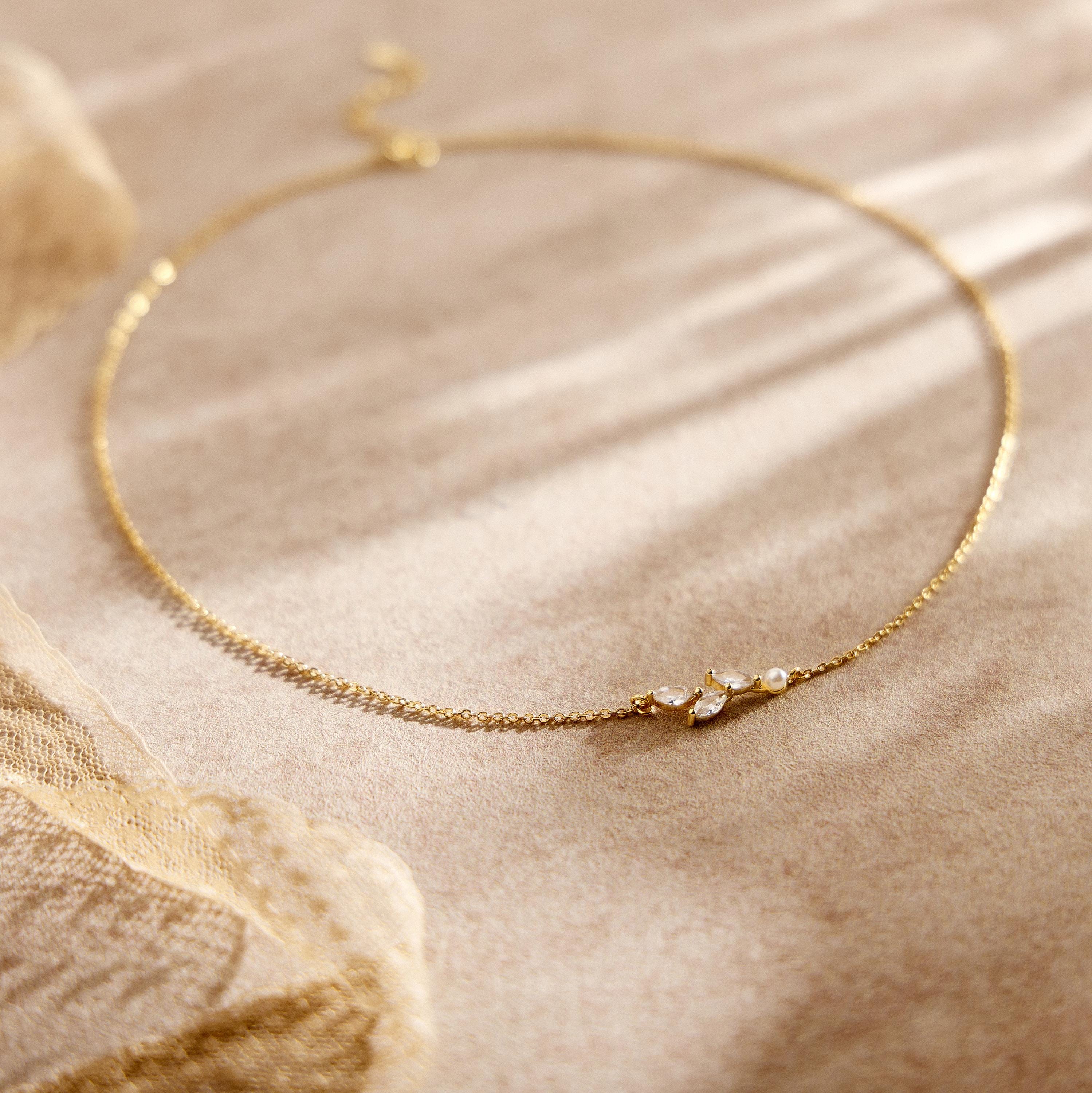 Pearl Leaf Necklace with CZ Stones, Olive Branch Design