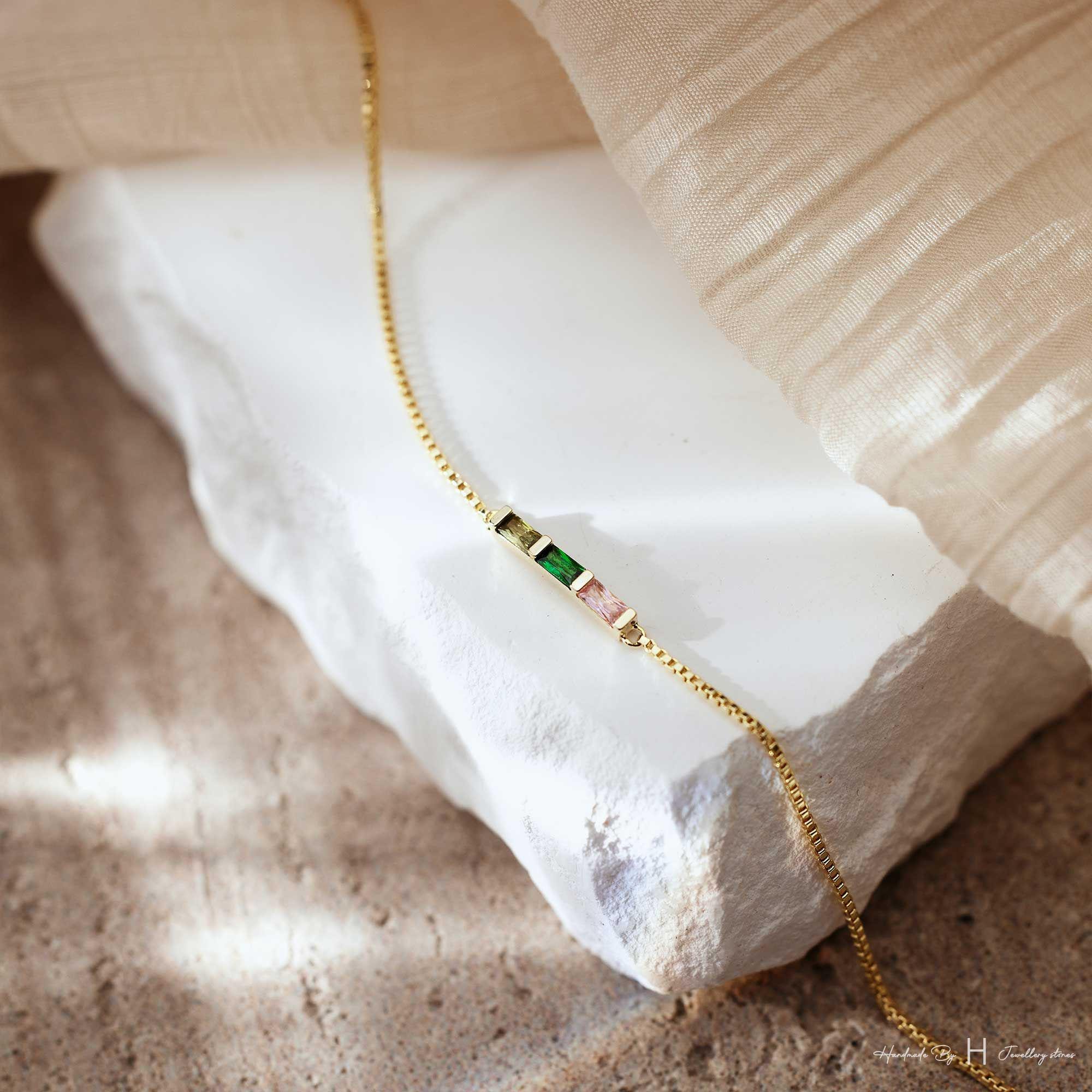 Custom Baguette Birthstone Bracelet in Rose Gold or Silver Plated Copper