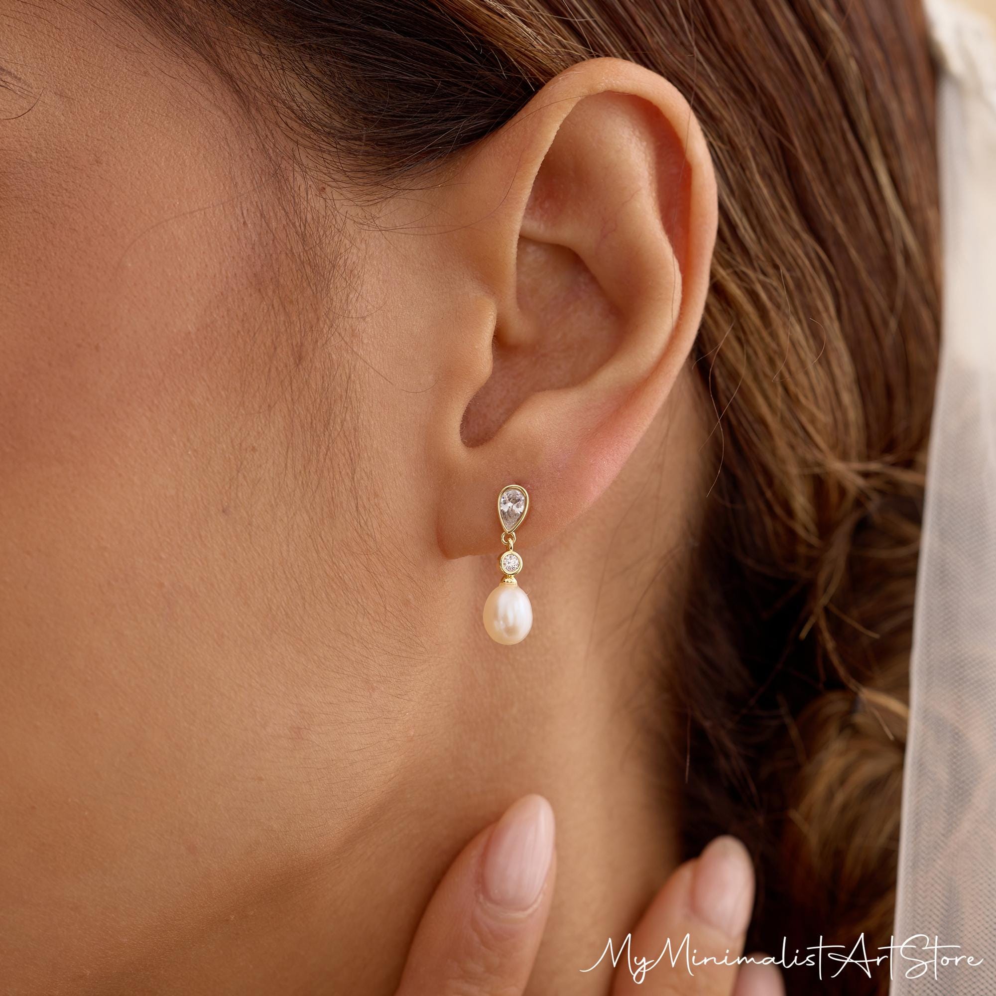 Natural Freshwater Pearl Drop Earrings with Cubic Zirconia Accents