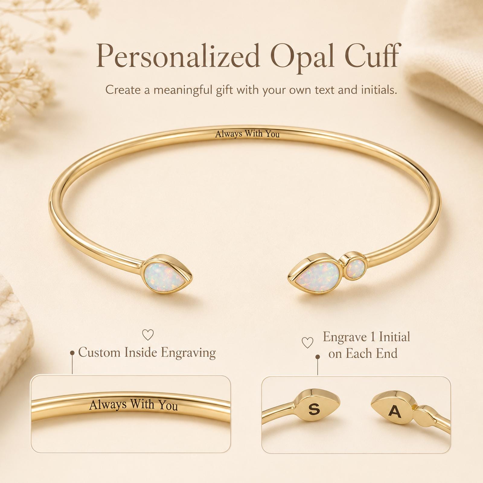 Personalized Opal Cuff Bangle in 18K Gold Plated Copper