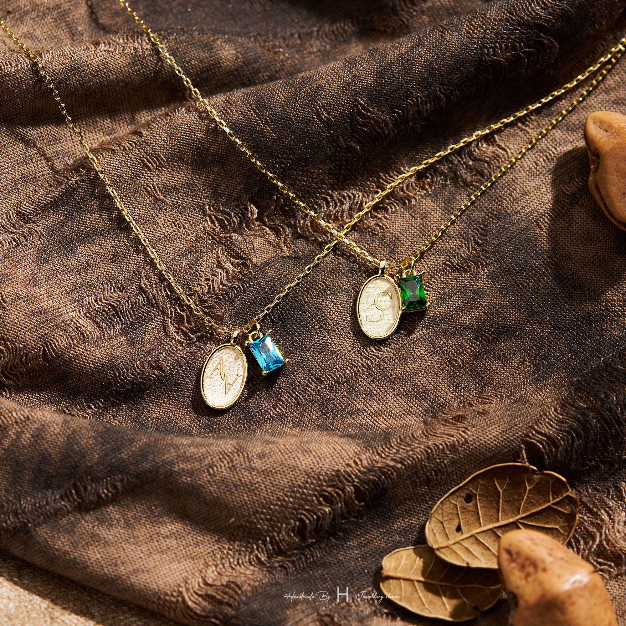Engraved Birth Flower and Birthstone Necklace