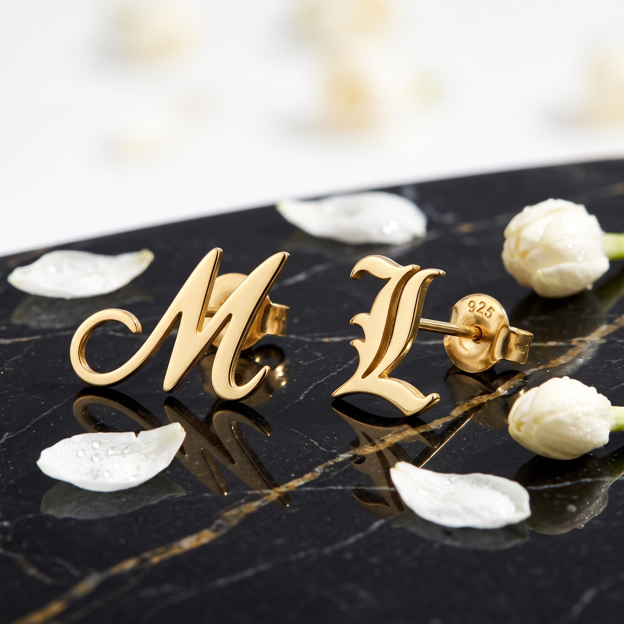 Custom Initial Stud Earring in Solid Gold with Old English Lettering