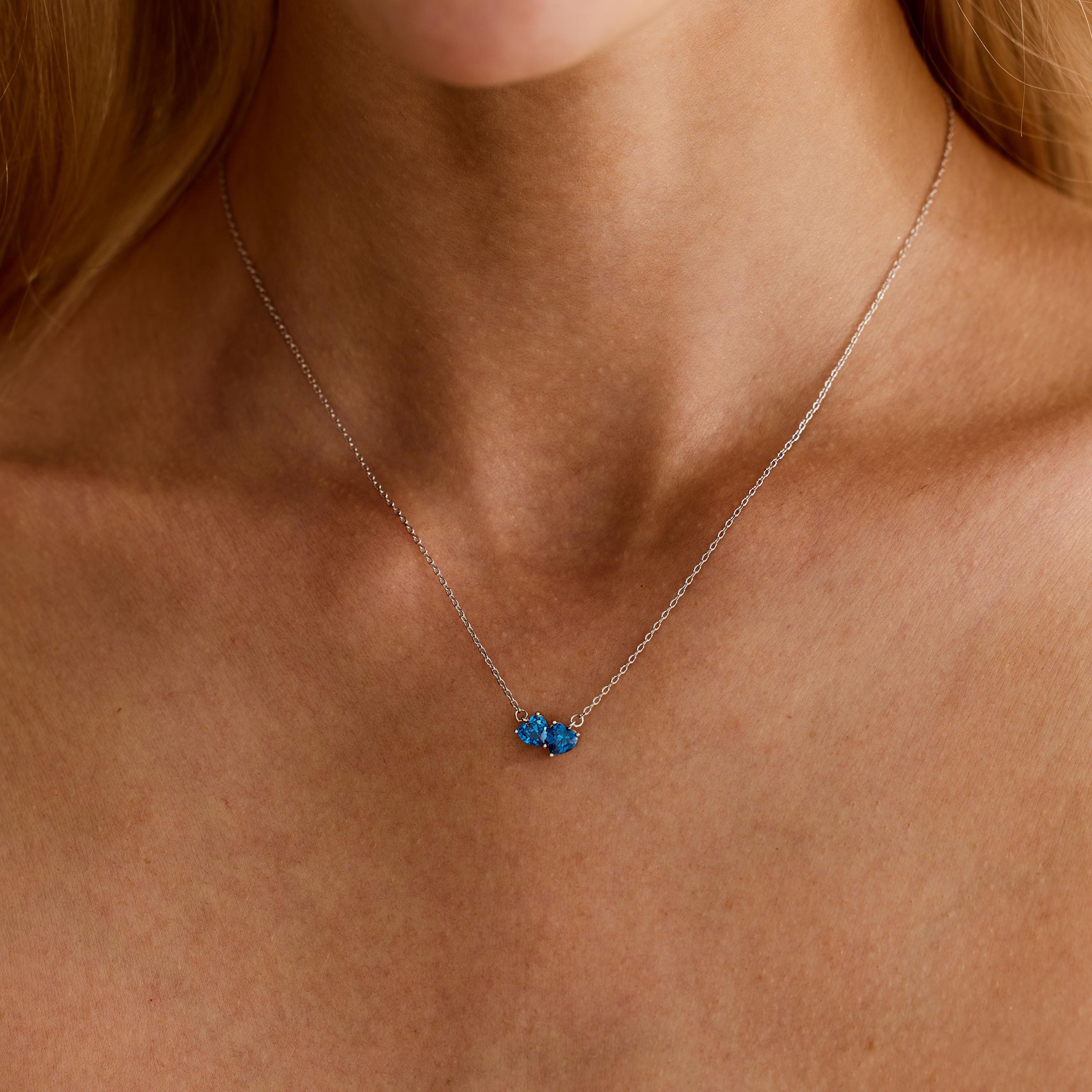 Dainty Two Heart Birthstone Couple Necklace in Gold Plated Brass