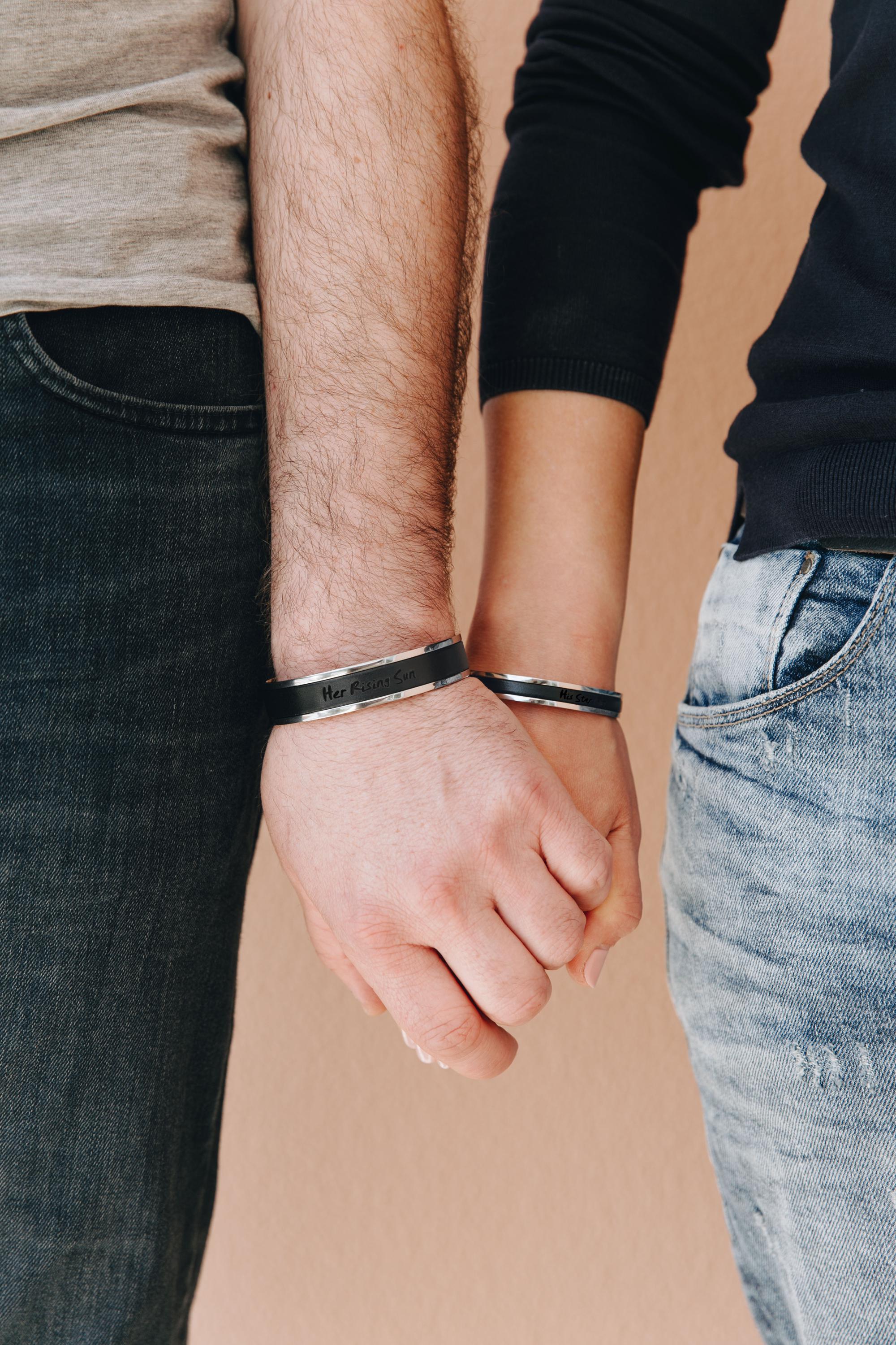 Custom Engraved Leather and Stainless Steel Couple Bracelet Set of 2