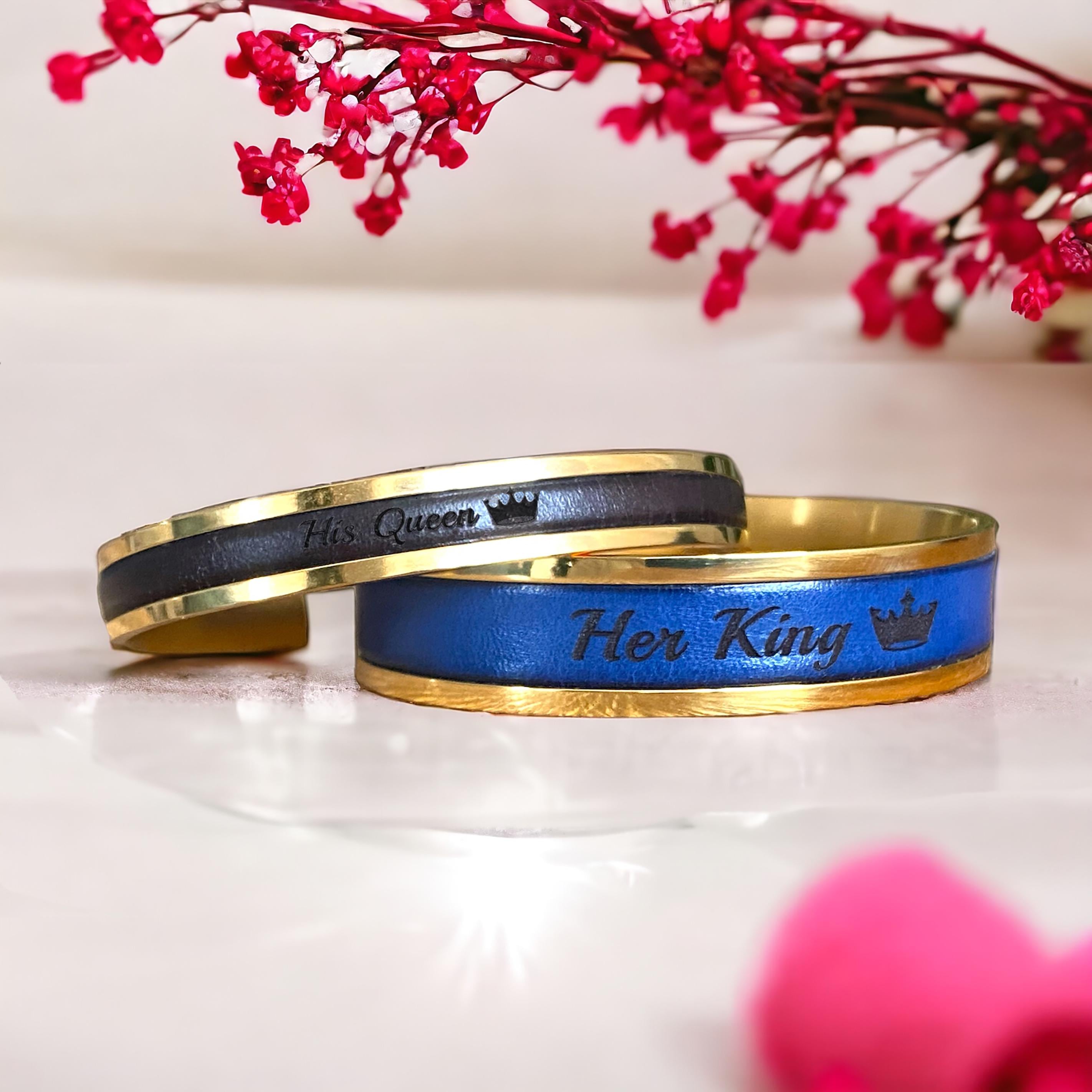 Personalized Leather and Stainless Steel Couple Cuff Bracelet Set