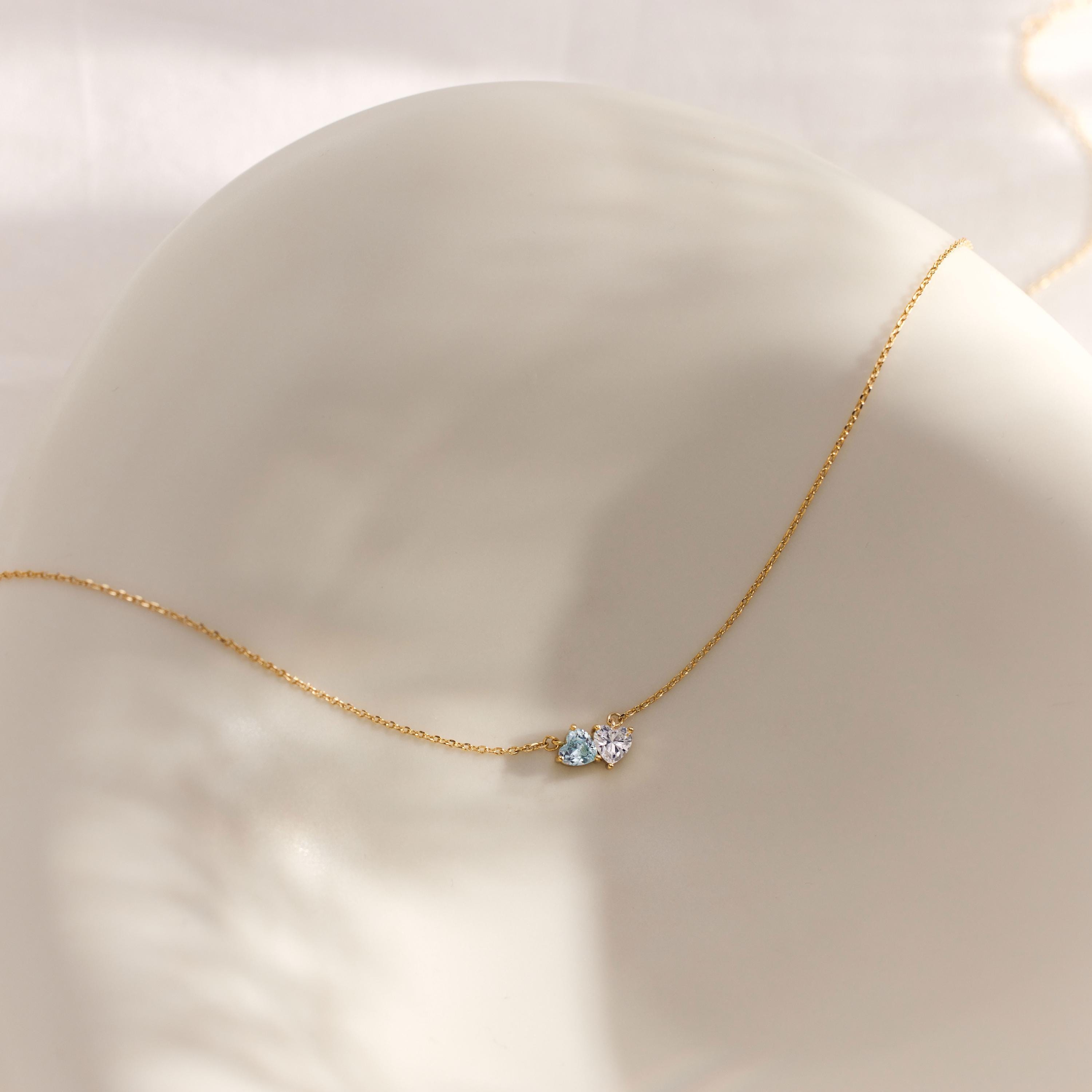 Dainty Two Heart Birthstone Couple Necklace in Gold Plated Brass