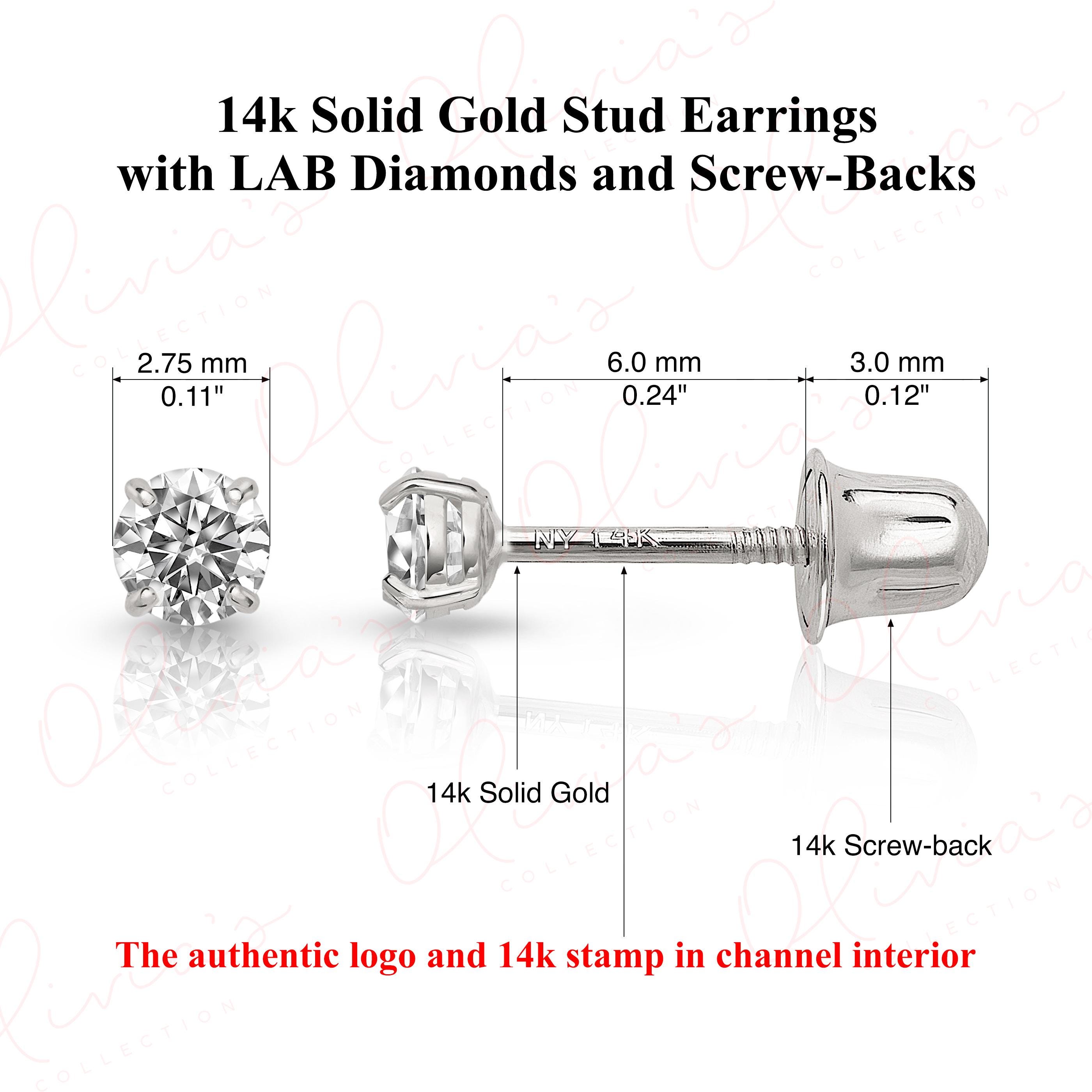 14K Solid Gold Lab-Grown Diamond Stud Earrings with Screw Backs, White or Yellow