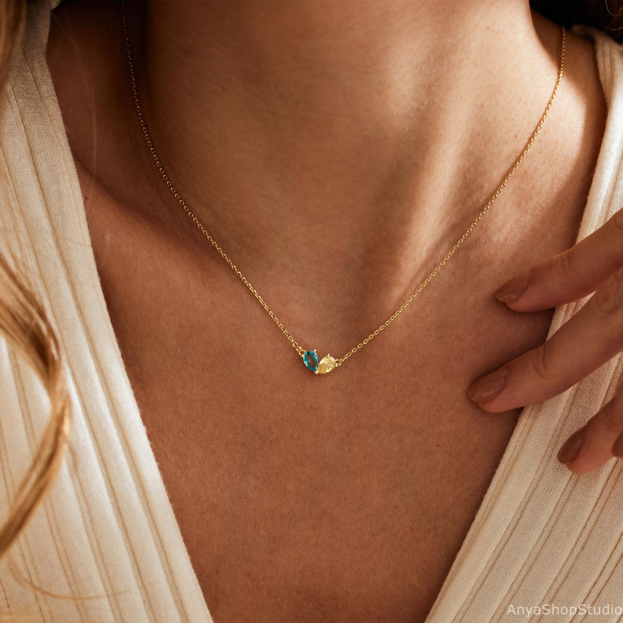 Tiny Heart Two Birthstone Necklace