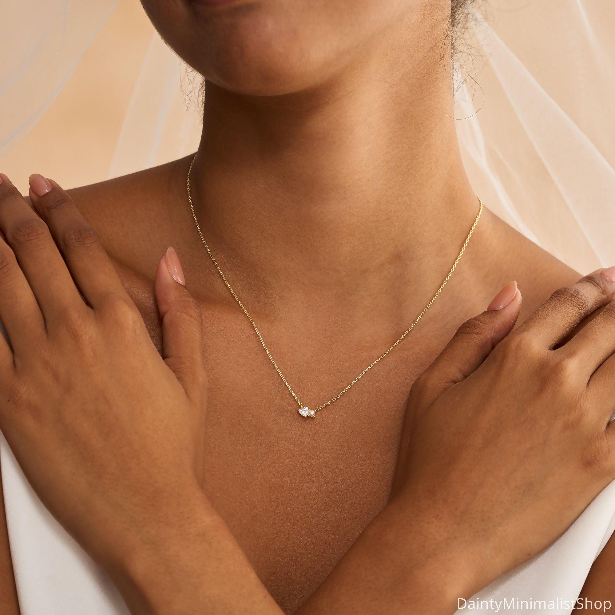 Dainty Pearl Necklace with Heart CZ Diamond in 14K Gold Plated Copper