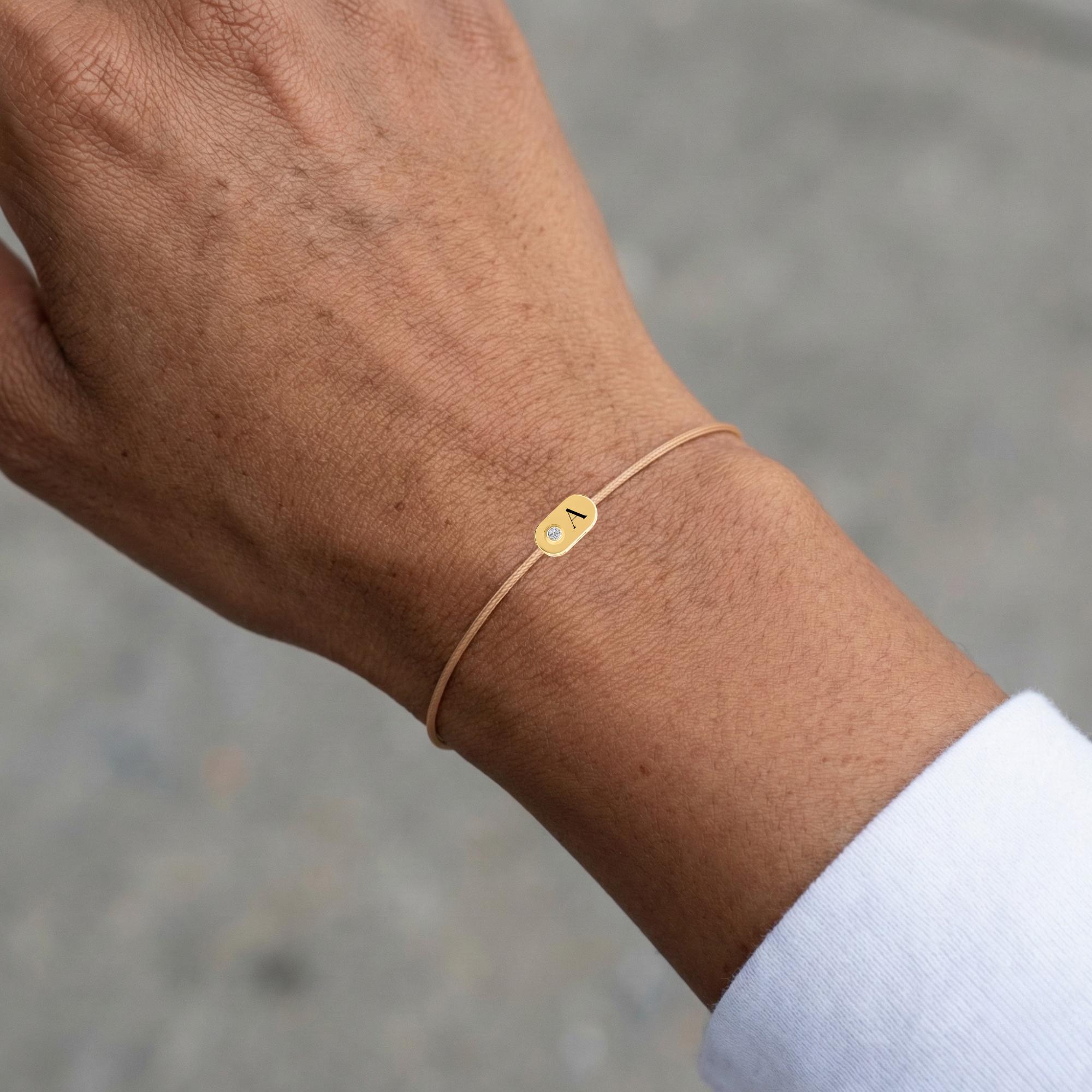 Personalized 14K Solid Gold Initial Bracelet with Natural Diamond on Silk Thread