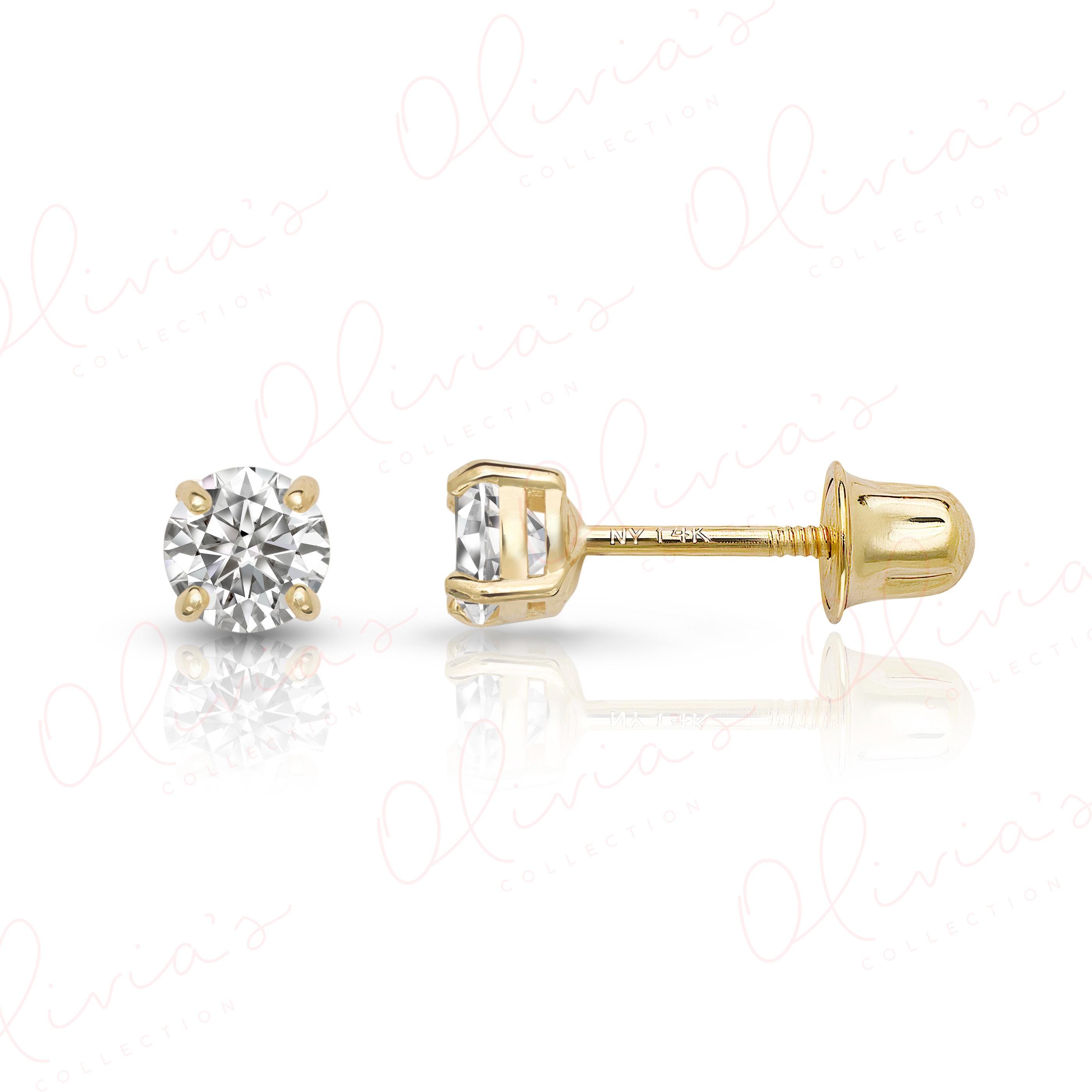14K Solid Gold Lab-Grown Diamond Stud Earrings with Screw Backs, White or Yellow