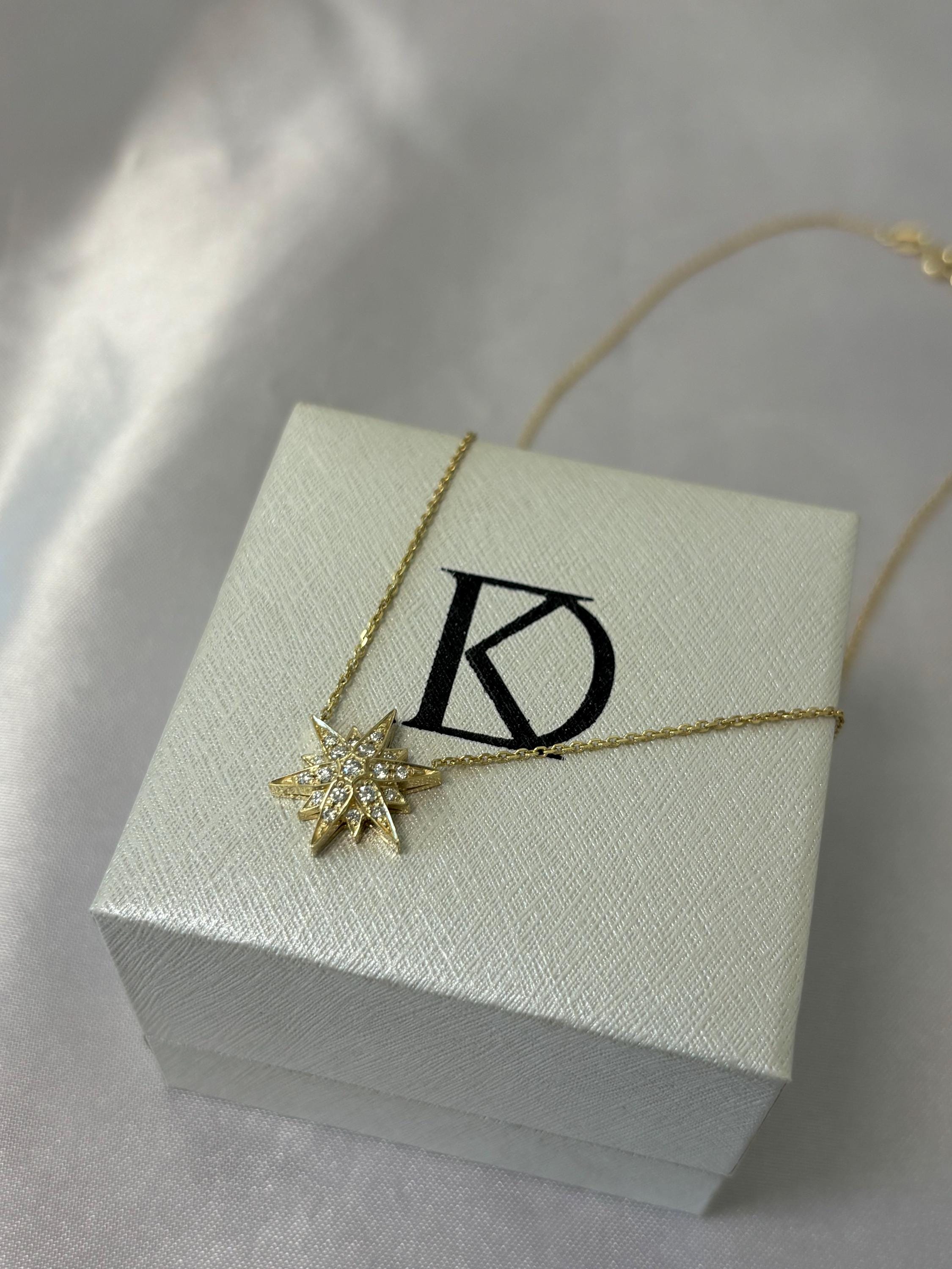 14K Solid Gold Starburst Diamond Pendant Necklace