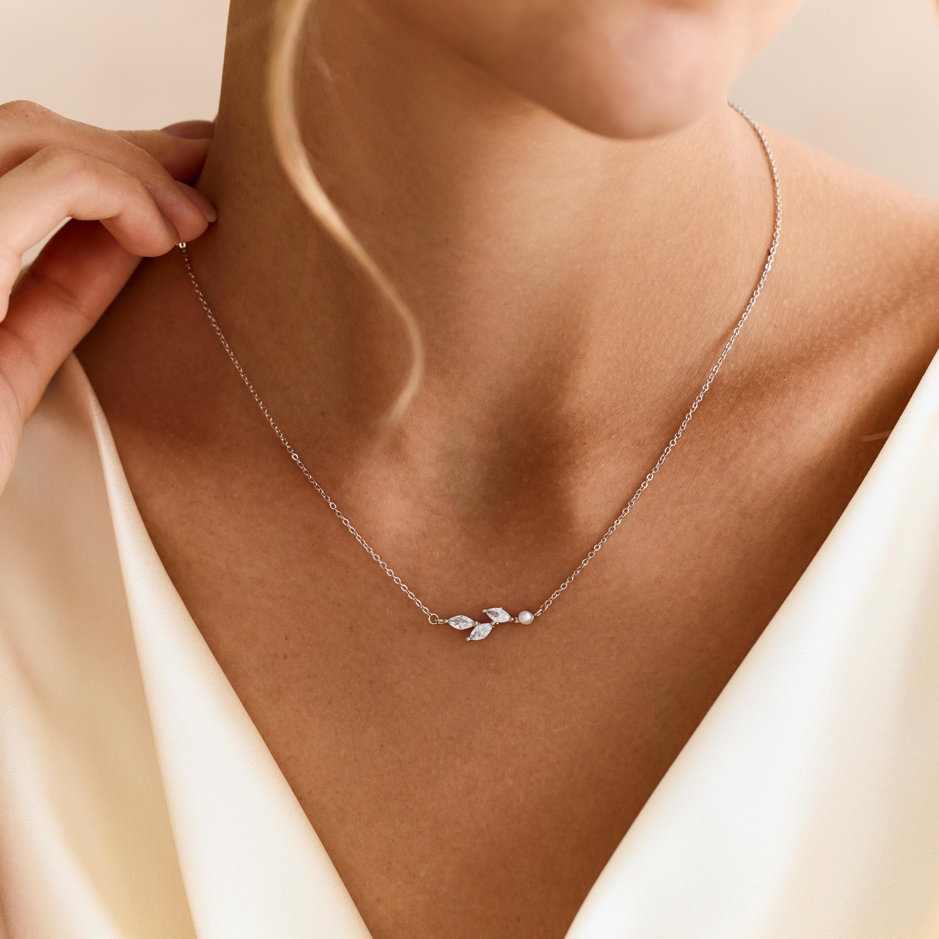 Pearl Leaf Necklace with CZ Stones, Olive Branch Design