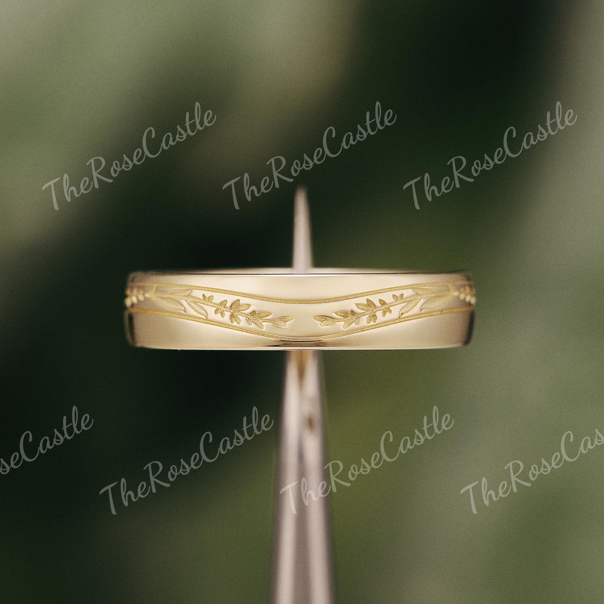 4.3mm Engraved Lavender Gold Wedding Band, Half Eternity Men's Ring