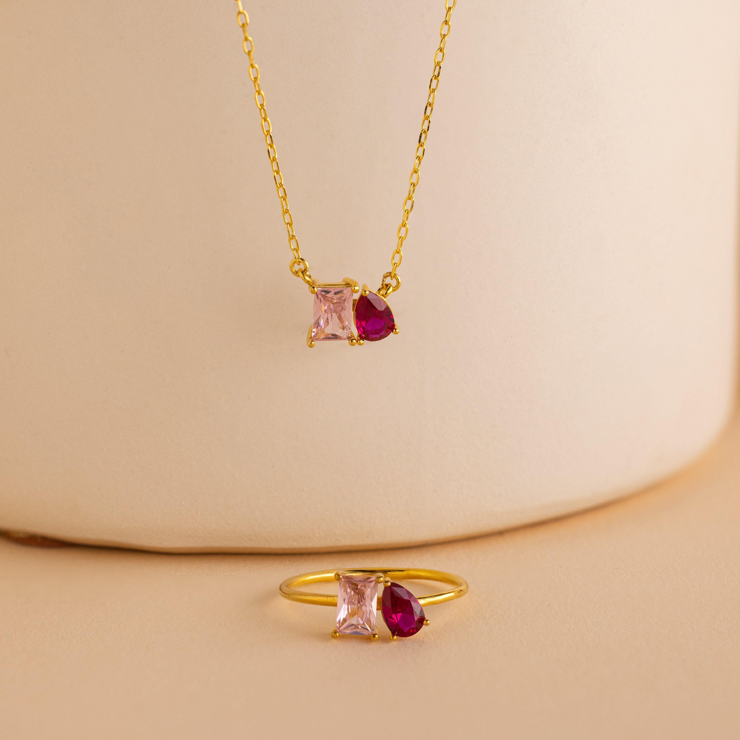 Toi et Moi Birthstone Necklace with Emerald and Pear Cut Stones