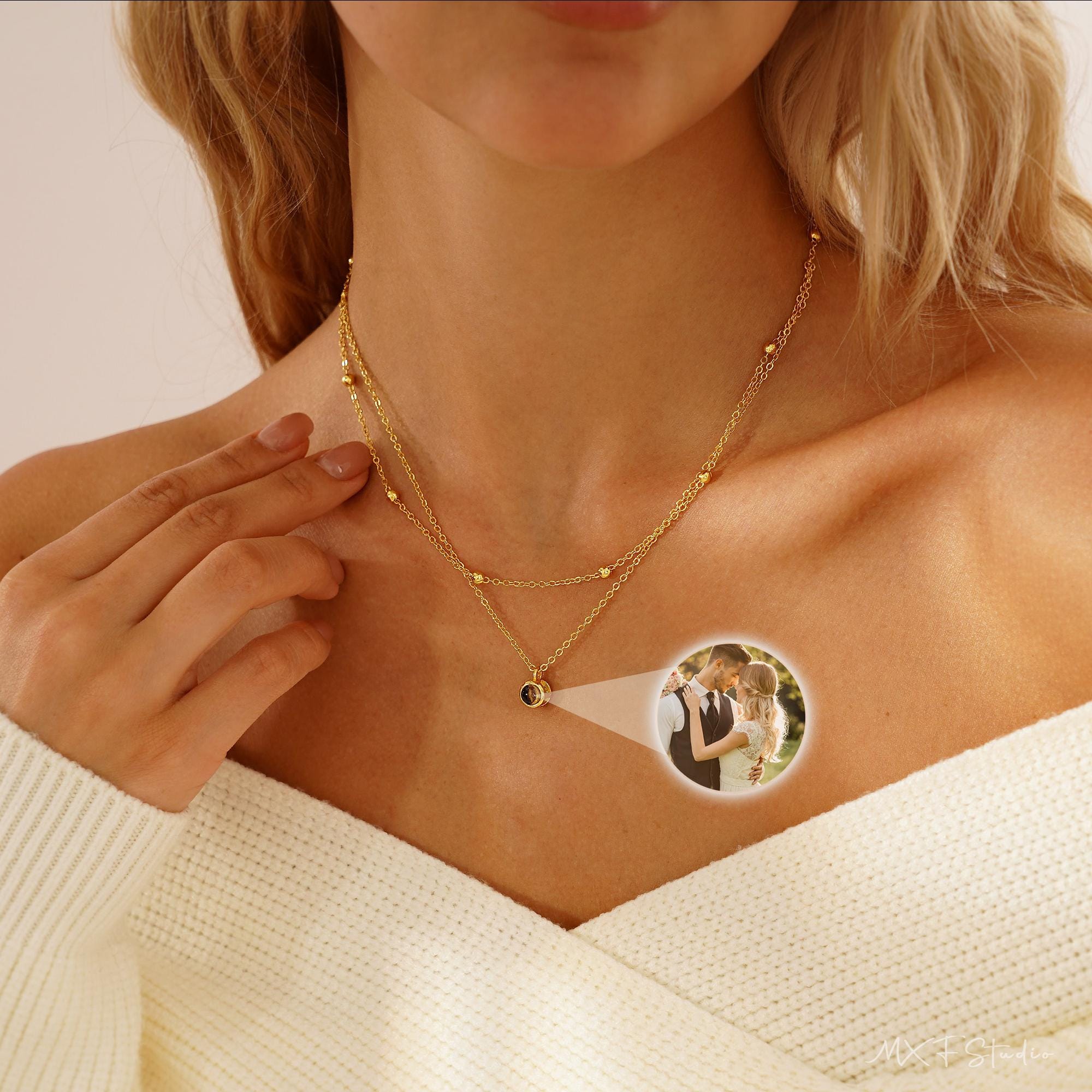 Double Chain Photo Projection Necklace with Layered Copper Pendant