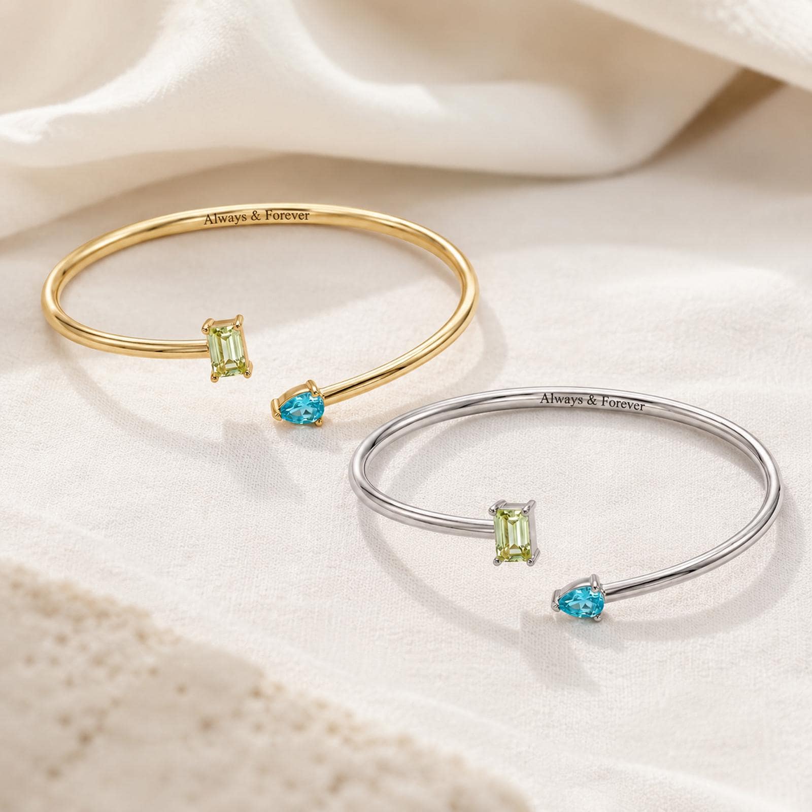 Personalized Double Birthstone Cuff Bangle with Inside Engraving