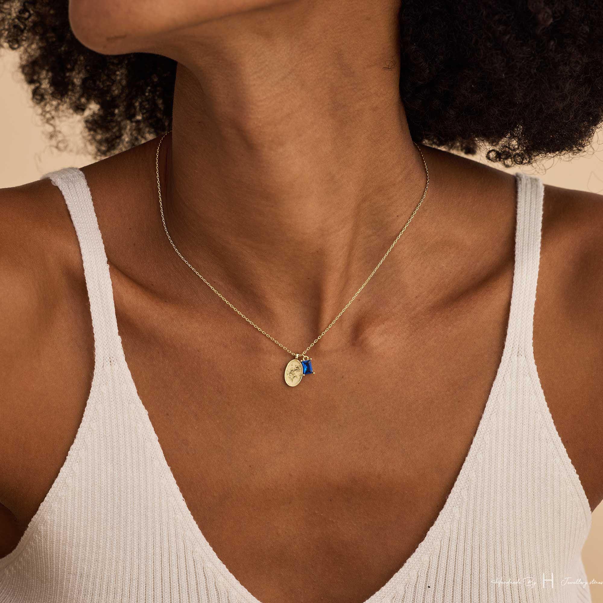 Engraved Birth Flower and Birthstone Necklace