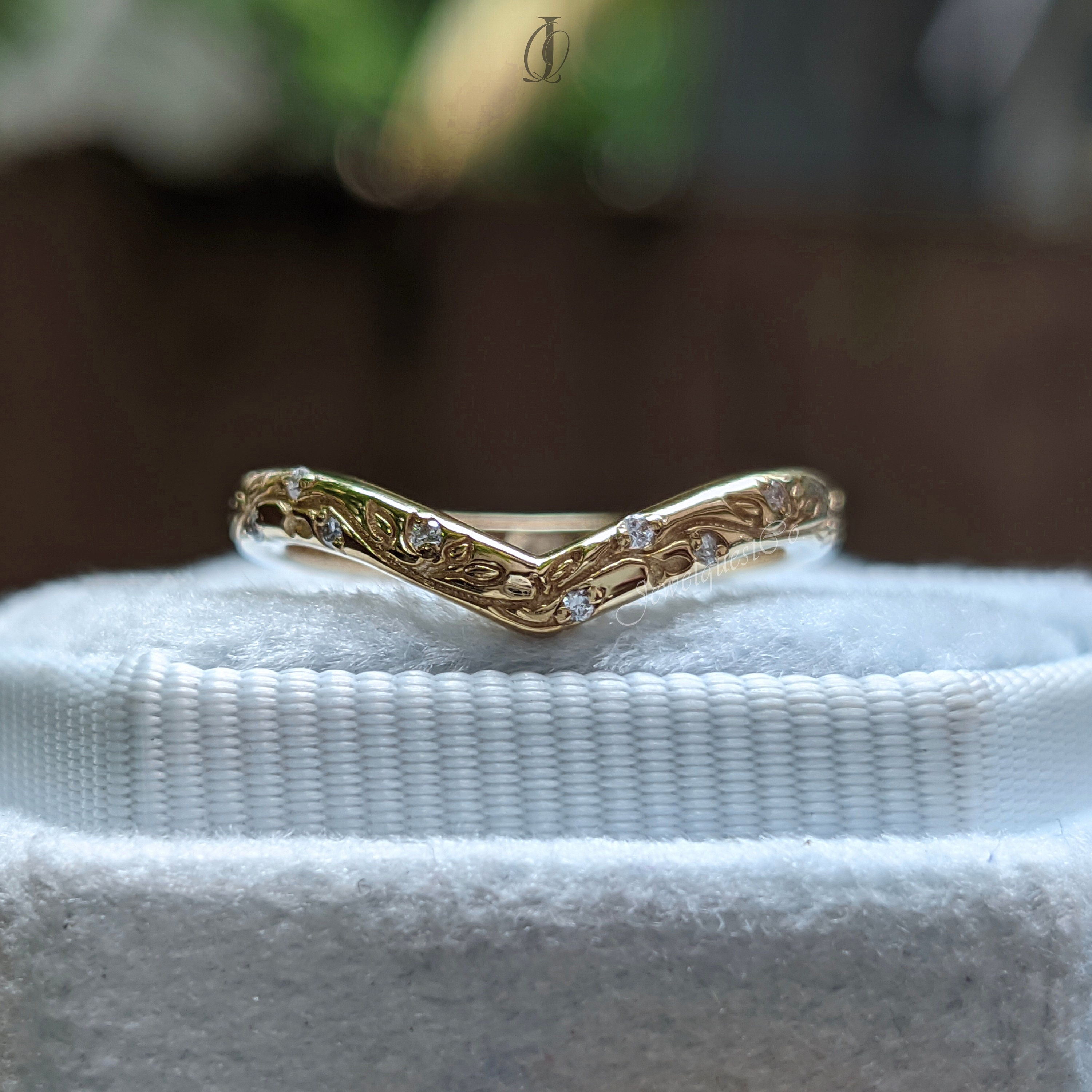 Chevron Leaf Moissanite Wedding Band in Solid Gold with Vine Engraving