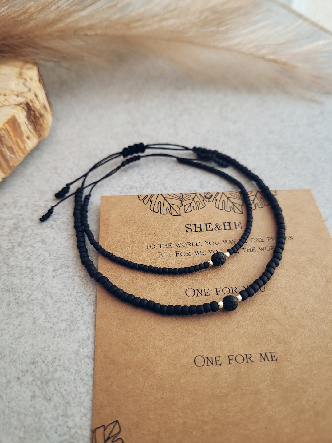 Lava Stone Couple Bracelet Set with Black Japanese Beads