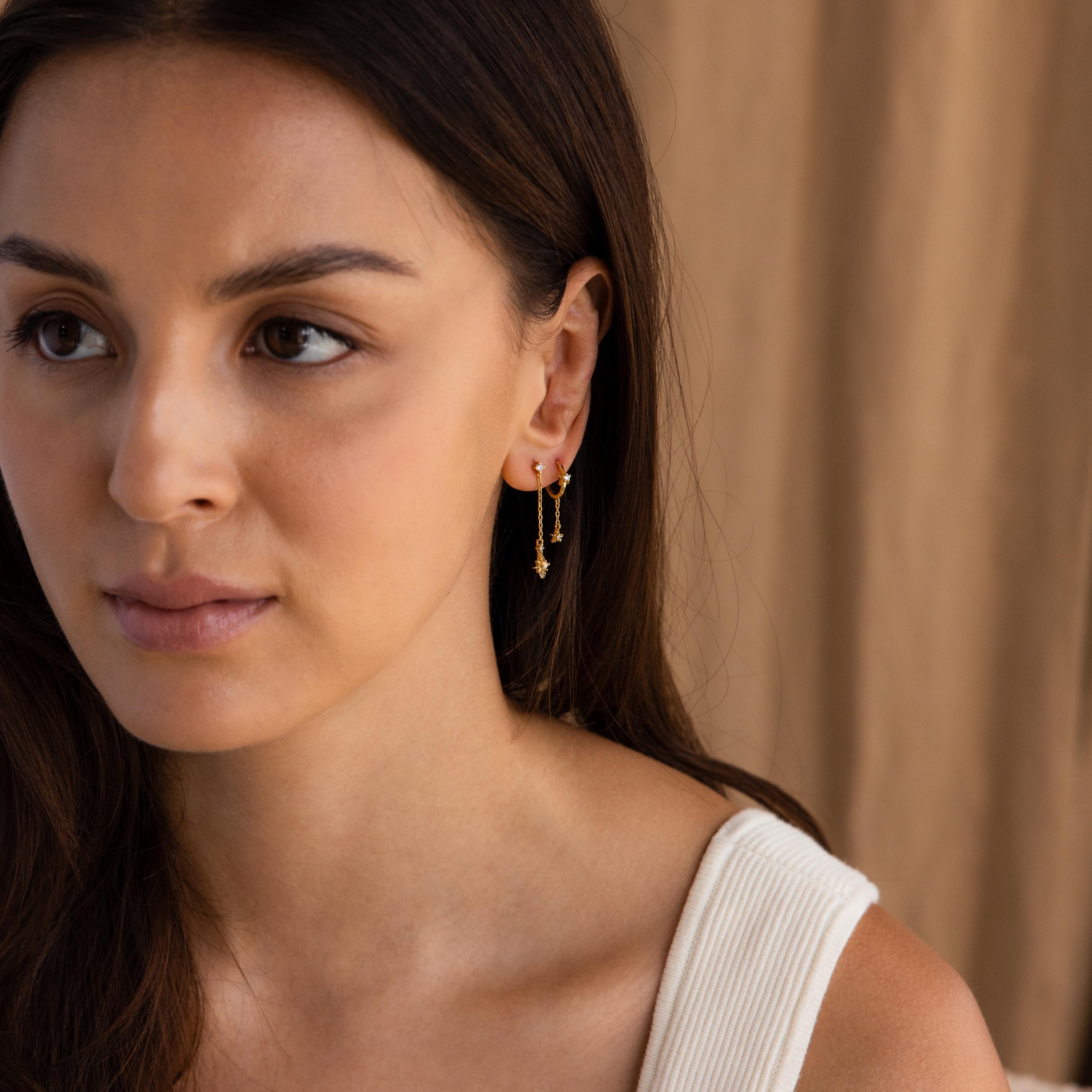 Star Drop Chain Huggie Earrings in 18K Gold Over Brass