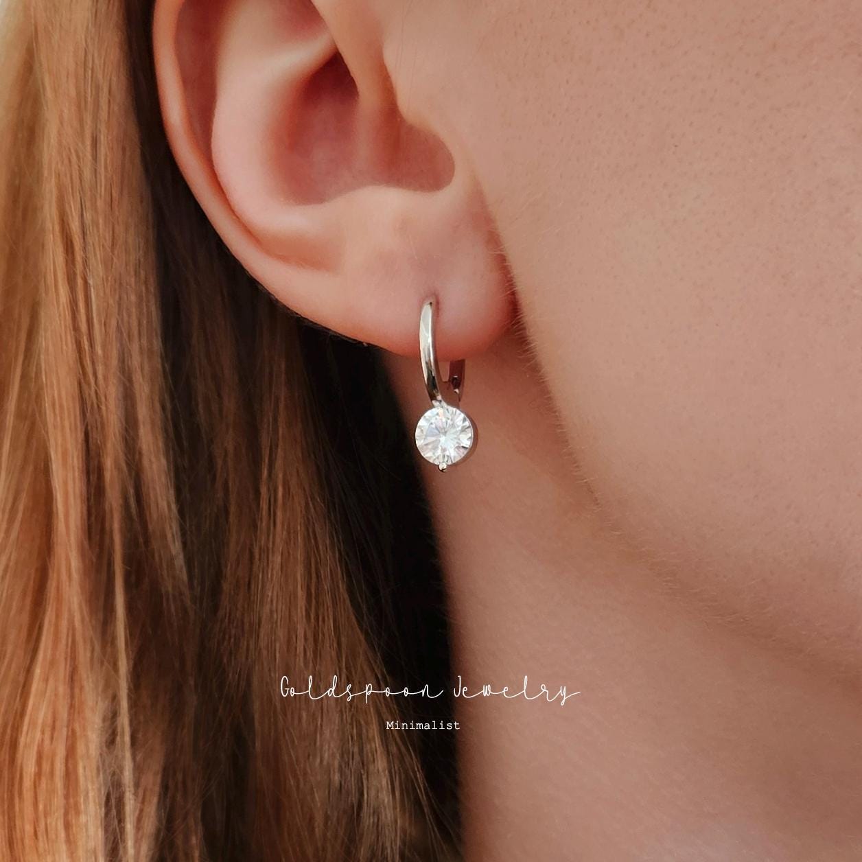 Round Cut Solitaire Drop Huggie Earrings in Gold or Silver