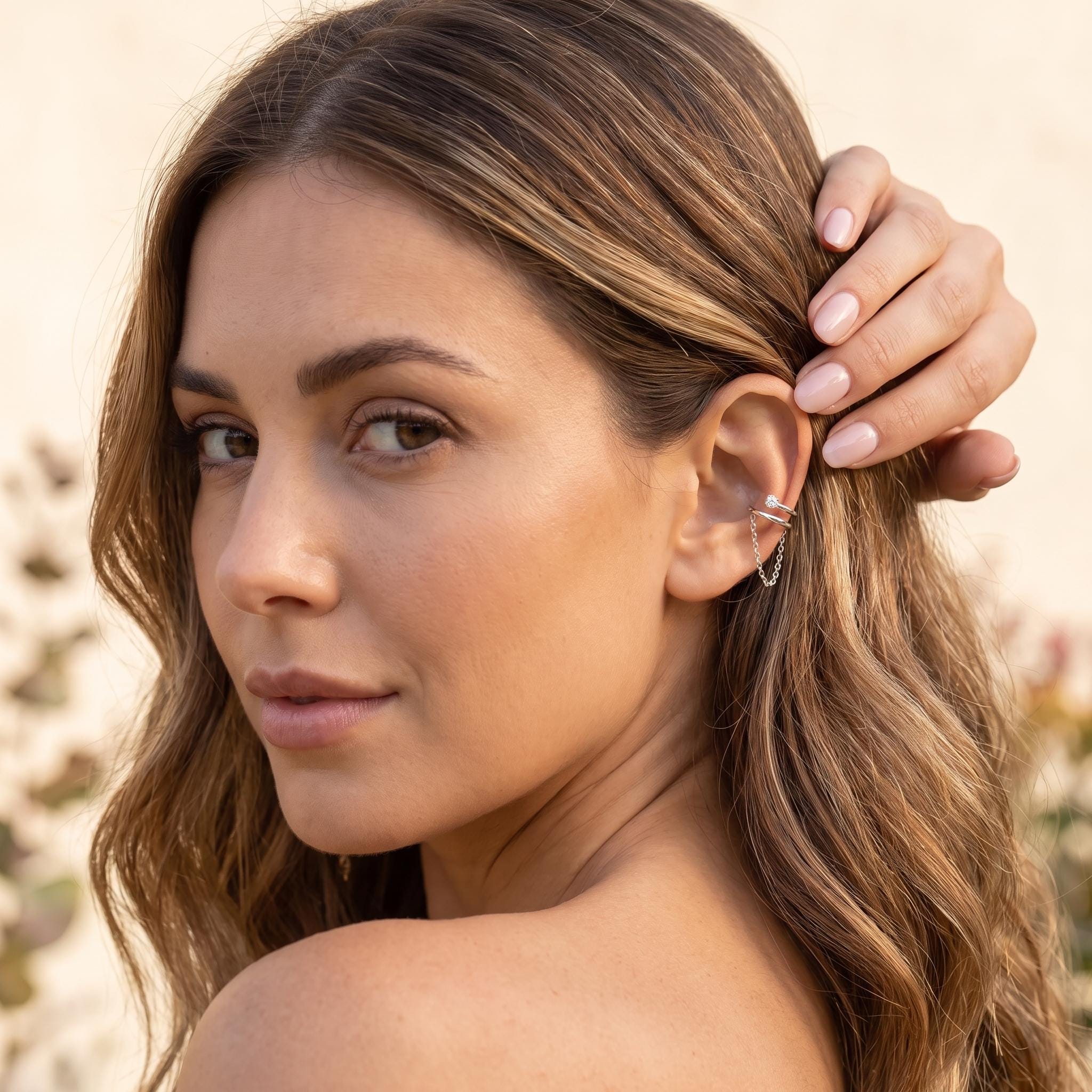 18K Gold Filled CZ Double Wrap Chain Ear Cuffs for Non Pierced Ears