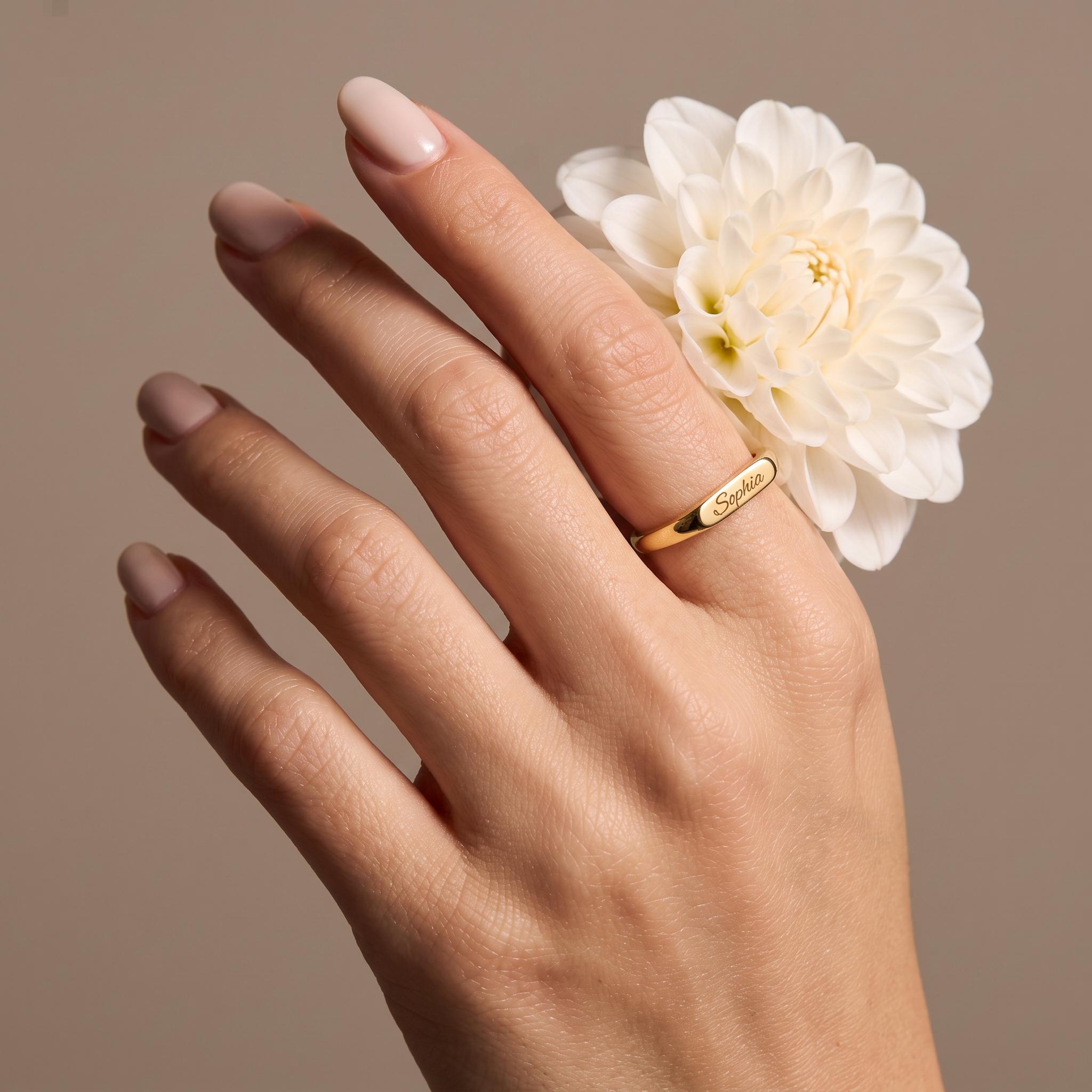 14K Solid Gold Engraved Bar Name Ring, Custom Signet Band