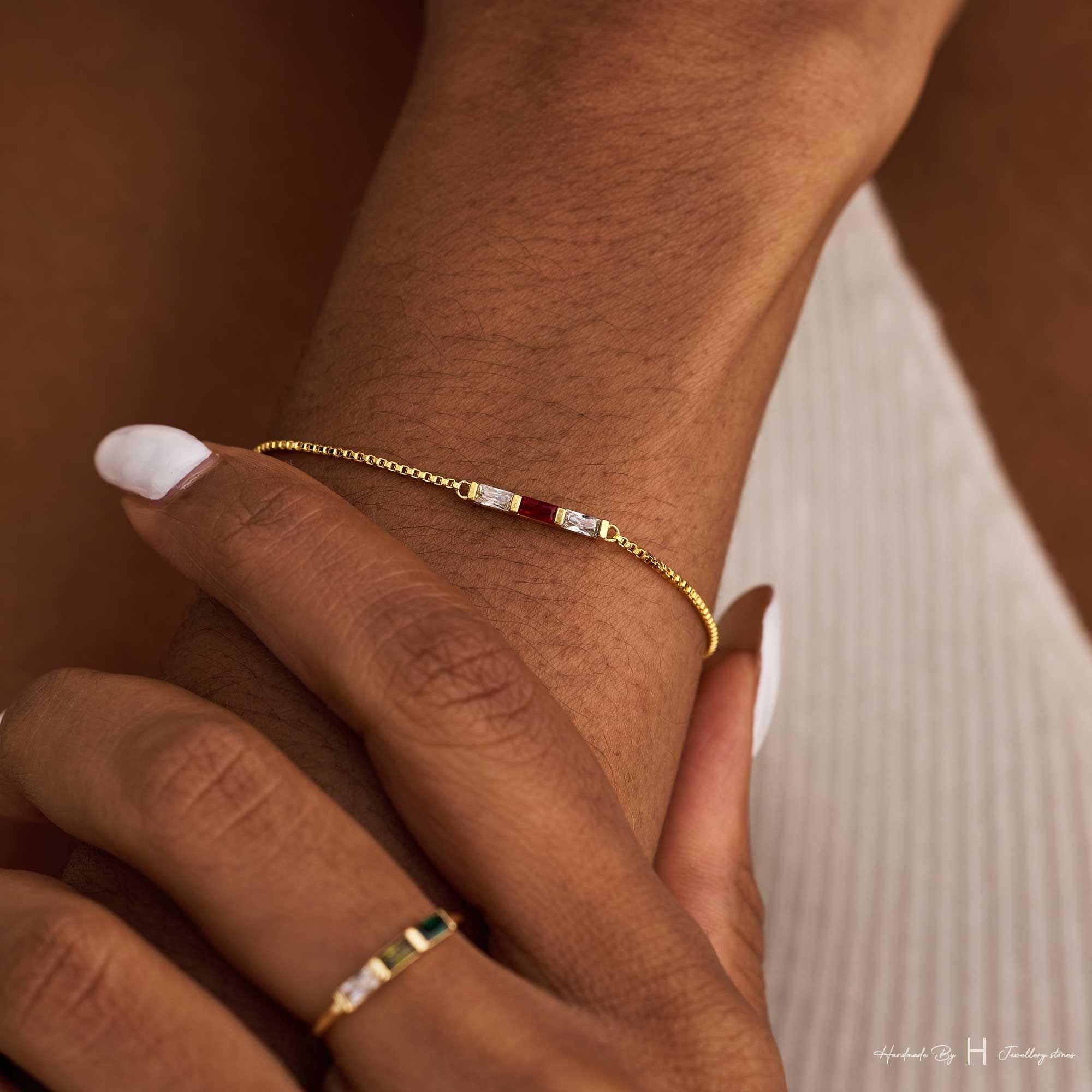 Custom Baguette Birthstone Bracelet in Rose Gold or Silver Plated Copper